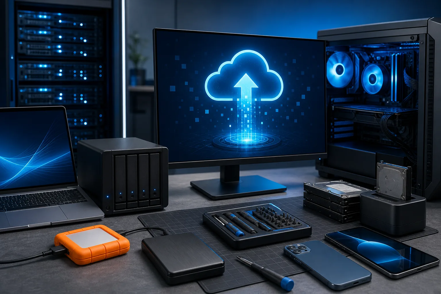 Desk with monitor showing cloud-upload icon, NAS drive, laptop, hard drives, rugged external drive, tools, and open PC tower.
