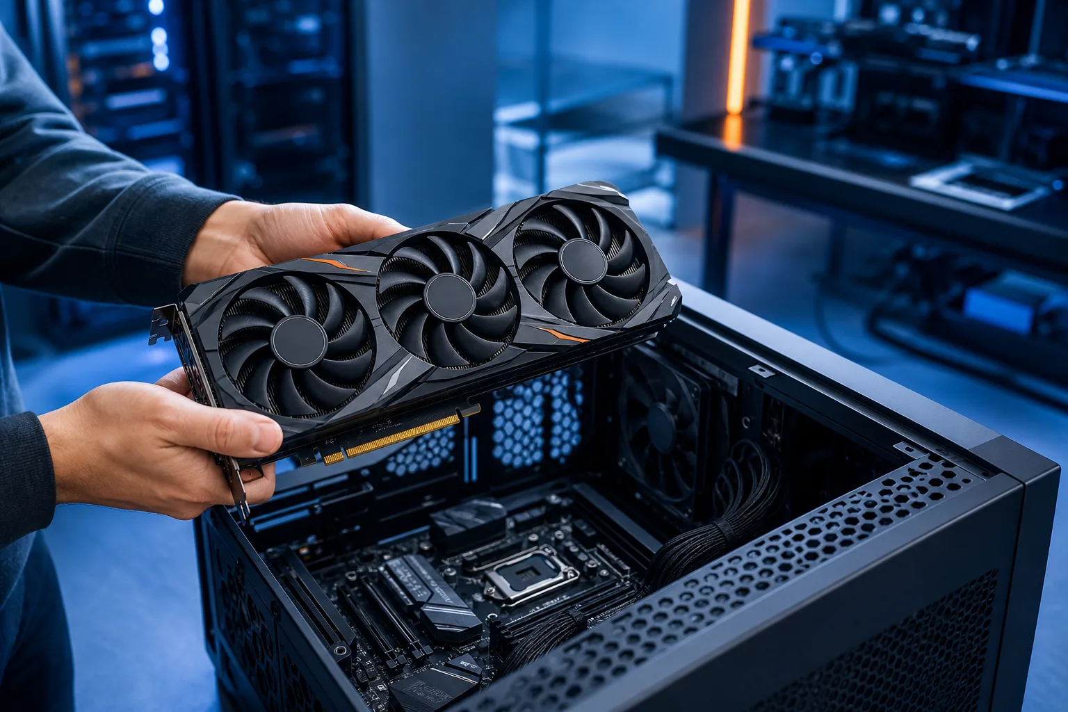 Hands holding a large triple-fan GPU above an open ATX PC case with visible motherboard, CPU socket, and cable management.