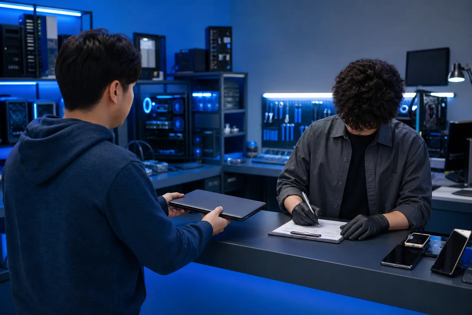 Customer hands a closed laptop to a gloved technician writing on a clipboard at a blue-lit computer repair shop counter.