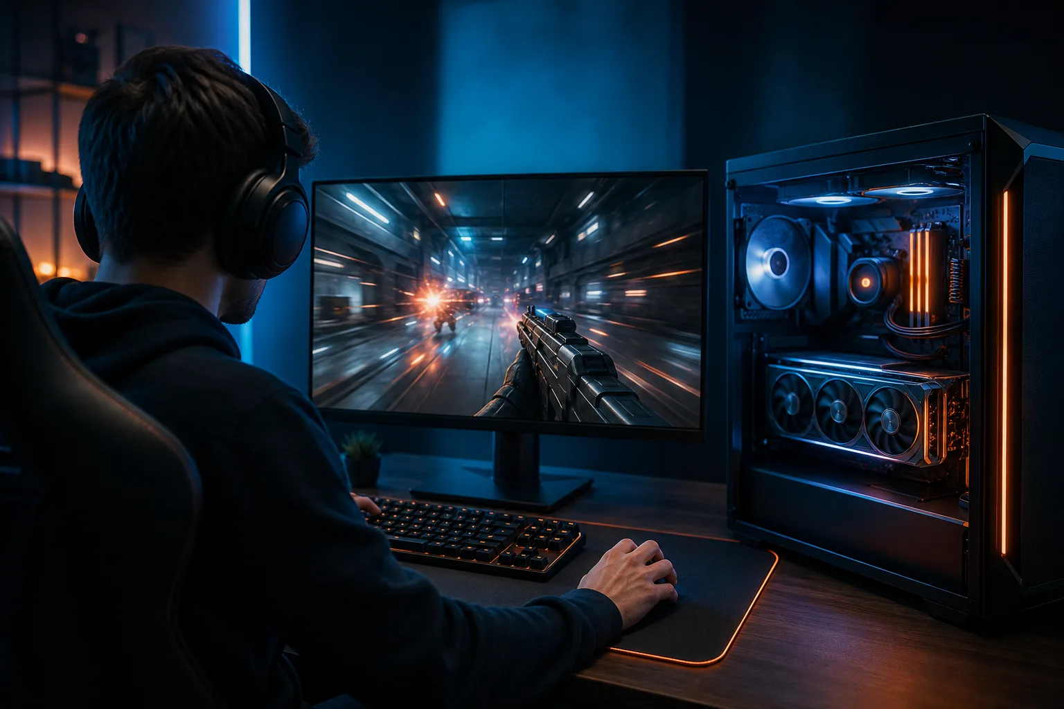 Gamer wearing headphones plays a first-person shooter on a monitor beside an open-panel RGB gaming PC in a dark room.
