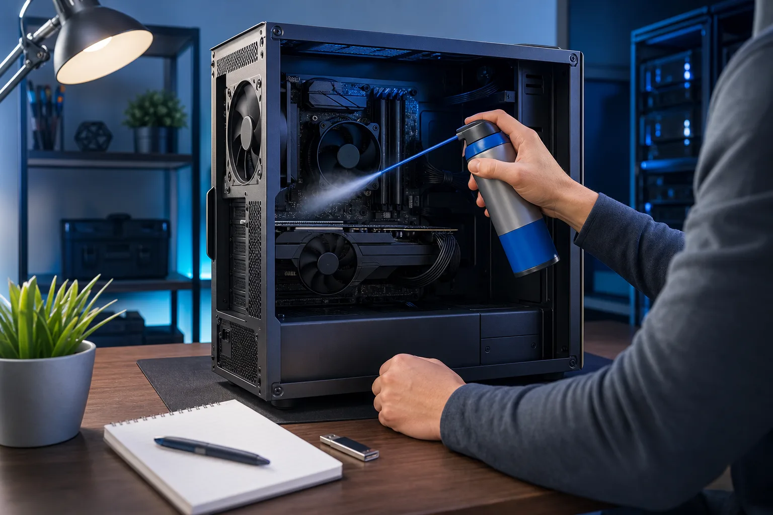 Person using compressed air canister to clean inside an open black PC tower on a desk in a dimly lit room.