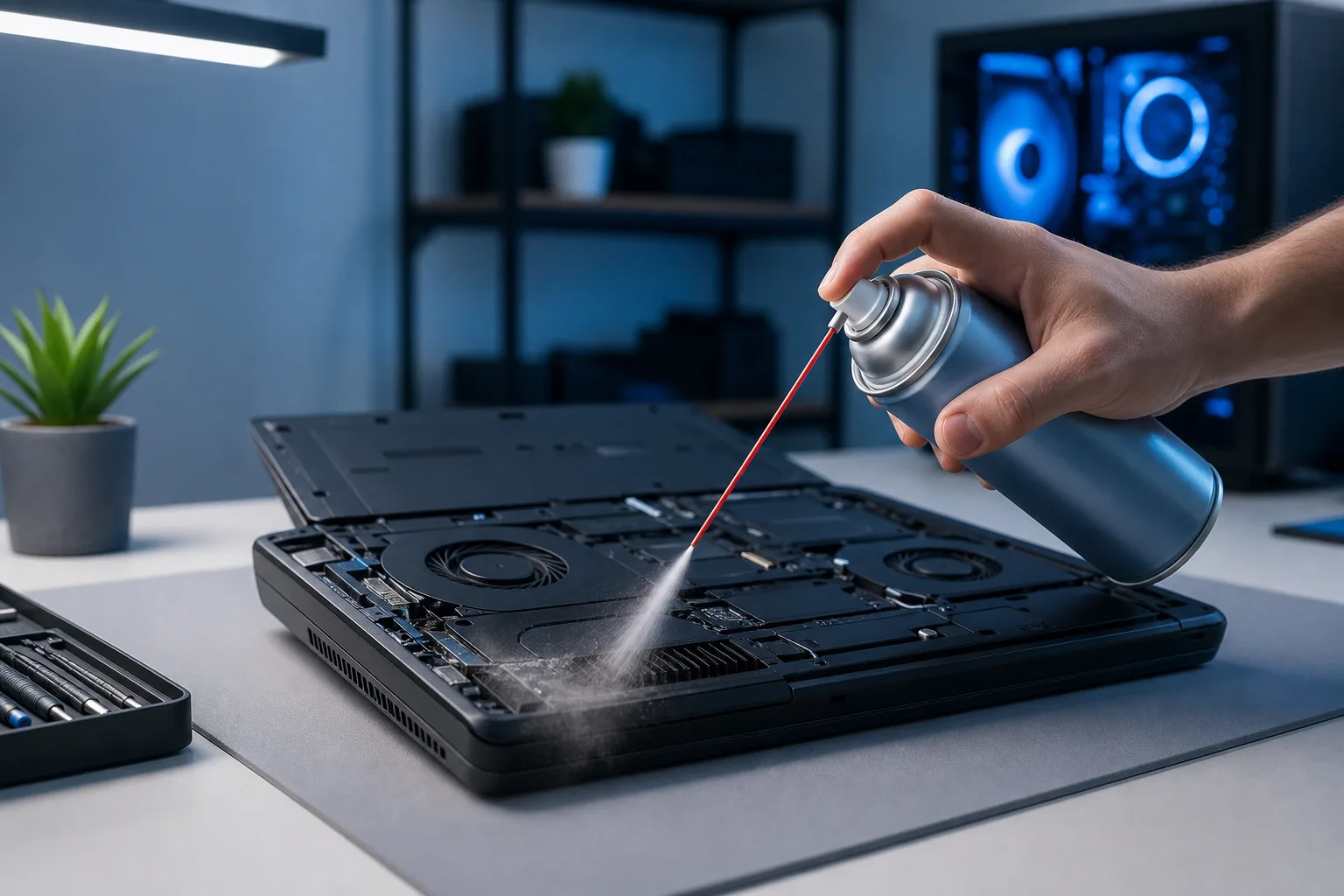 Hand holding compressed air can with red straw nozzle, blowing dust from open disassembled laptop internals on white desk
