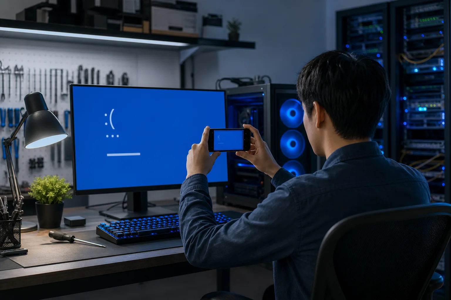 Person photographing a Windows Blue Screen of Death on a monitor with a smartphone in a dimly lit tech workspace.