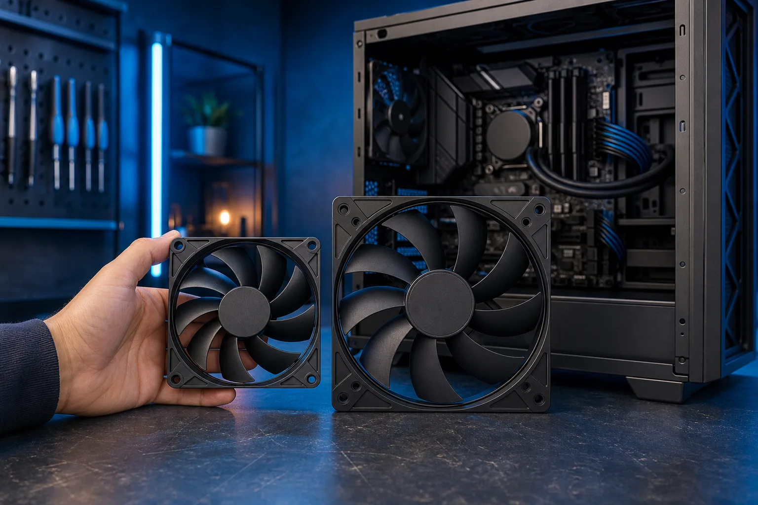 Una mano sostiene un pequeño ventilador de 80 mm junto a un ventilador más grande de 140 mm sobre una superficie oscura, con un gabinete ATX abierto al fondo.