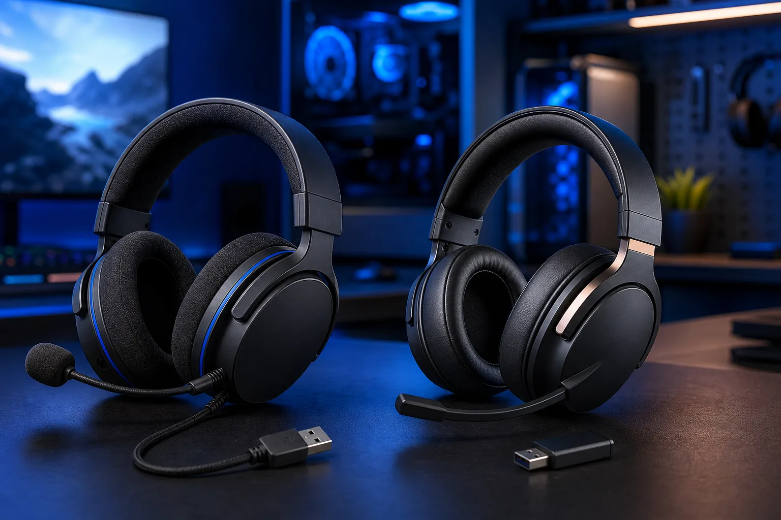 Dos audífonos gaming negros sobre un escritorio; el de la izquierda tiene micrófono con cable y cable USB, mientras que el de la derecha es inalámbrico y tiene un pequeño dongle USB cerca.