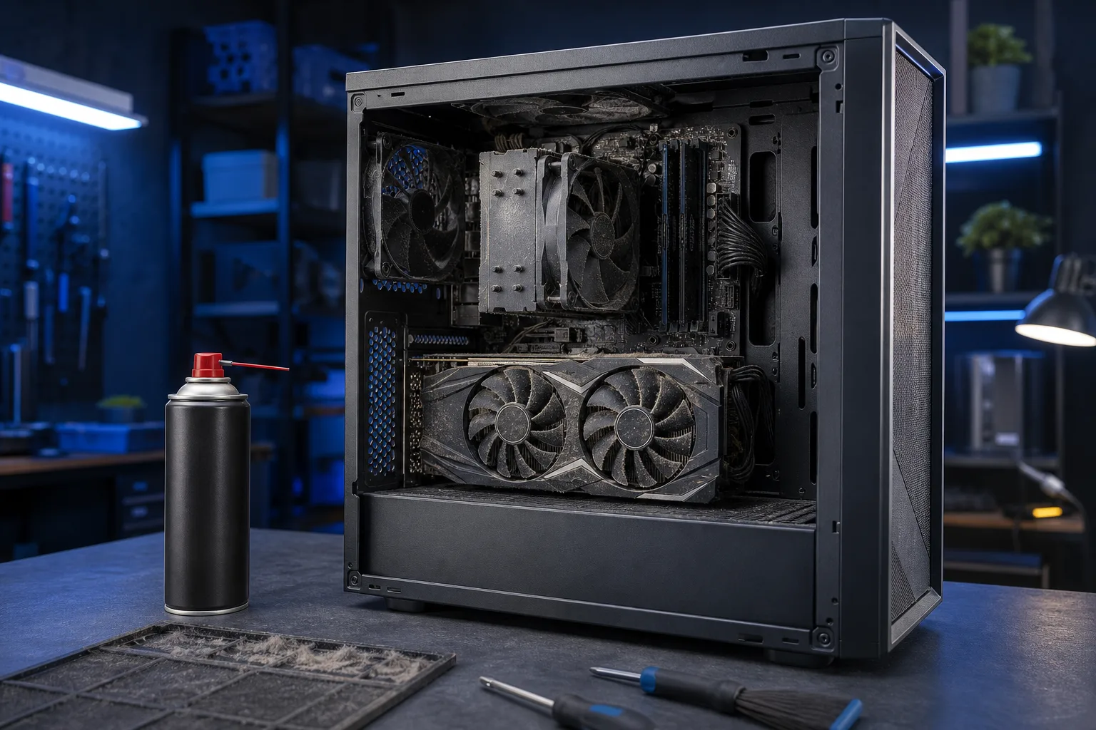 PC de escritorio abierta y cubierta de polvo sobre un banco de trabajo, con el disipador del CPU, la GPU y los ventiladores visibles, además de una lata de aire comprimido.