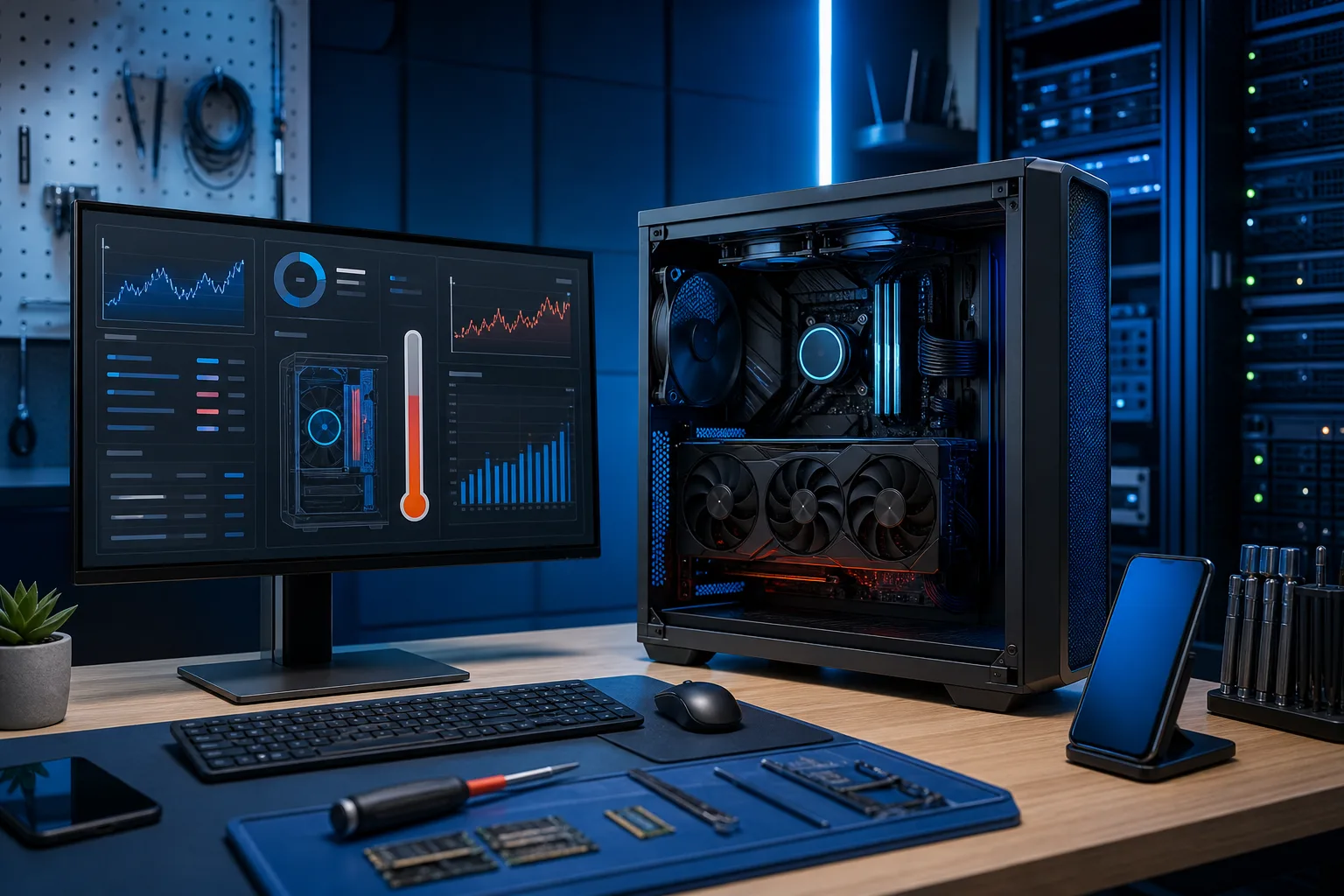 Open-side-panel gaming PC beside a monitor showing temperature dashboard with thermometer graphic, on a tech workbench Open-side-panel gaming PC beside a monitor showing temperature dashboard with thermometer graphic, on a tech workbench