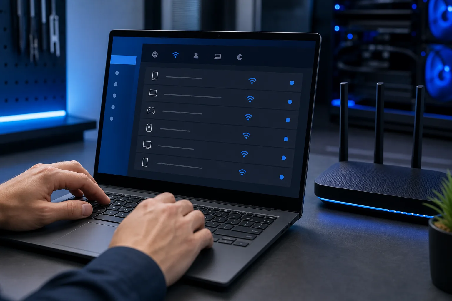 Hands typing on a laptop showing a router admin panel with connected devices list; a Wi-Fi router sits nearby on a dark desk.