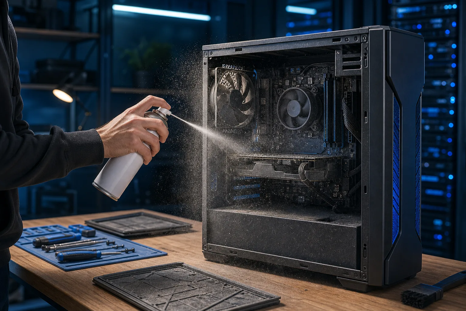 Hand spraying compressed air into open dusty PC tower case on wooden workbench, dust particles visible, tools nearby