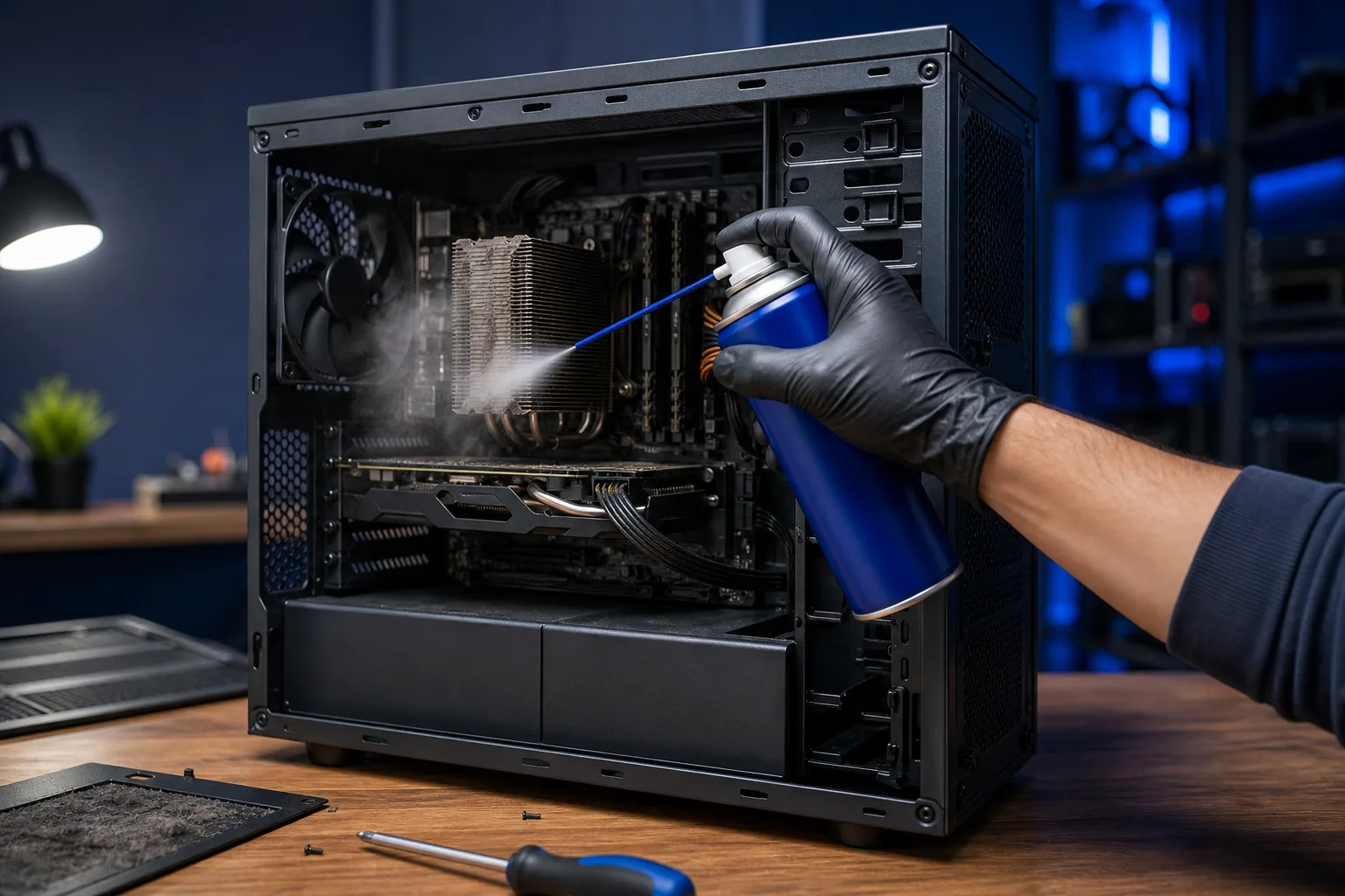 Gloved hand spraying compressed air from blue can into open desktop PC, cleaning dusty CPU heatsink fins on a wooden desk.