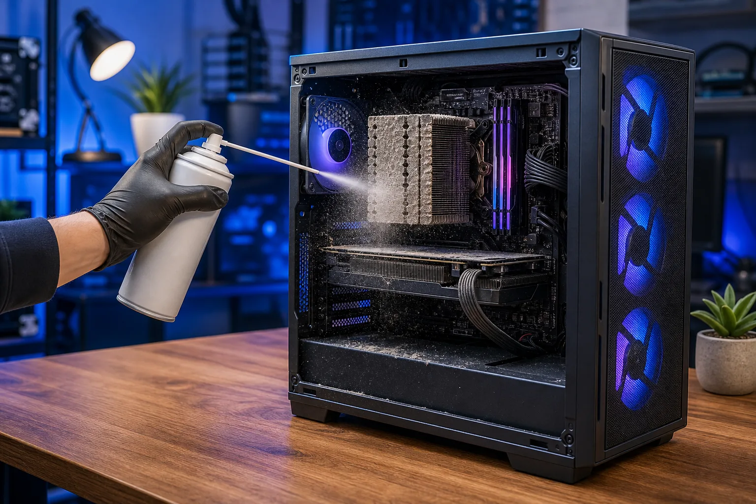 Gloved hand using compressed air can to clean a dusty open ATX PC case with RGB lighting on a wooden desk.
