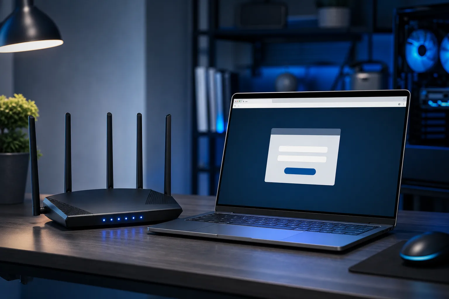 Black wireless router with four antennas beside an open laptop showing a login dialog, on a desk in a blue-lit room.