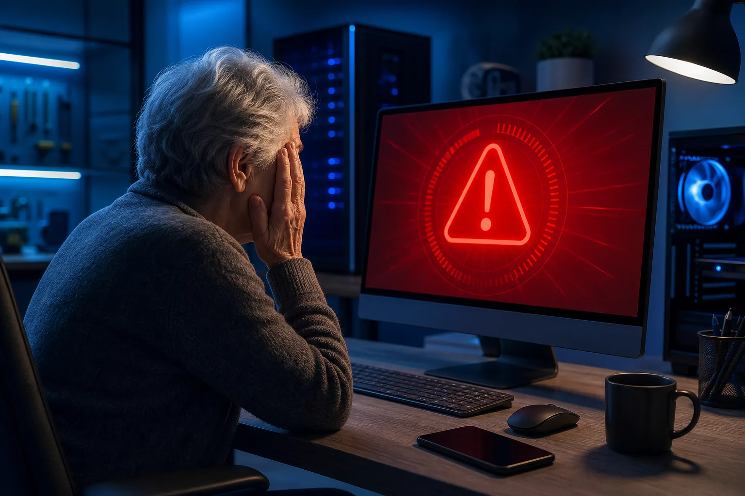 Elderly person with head in hands sits before a desktop monitor displaying a large red warning triangle alert symbol.