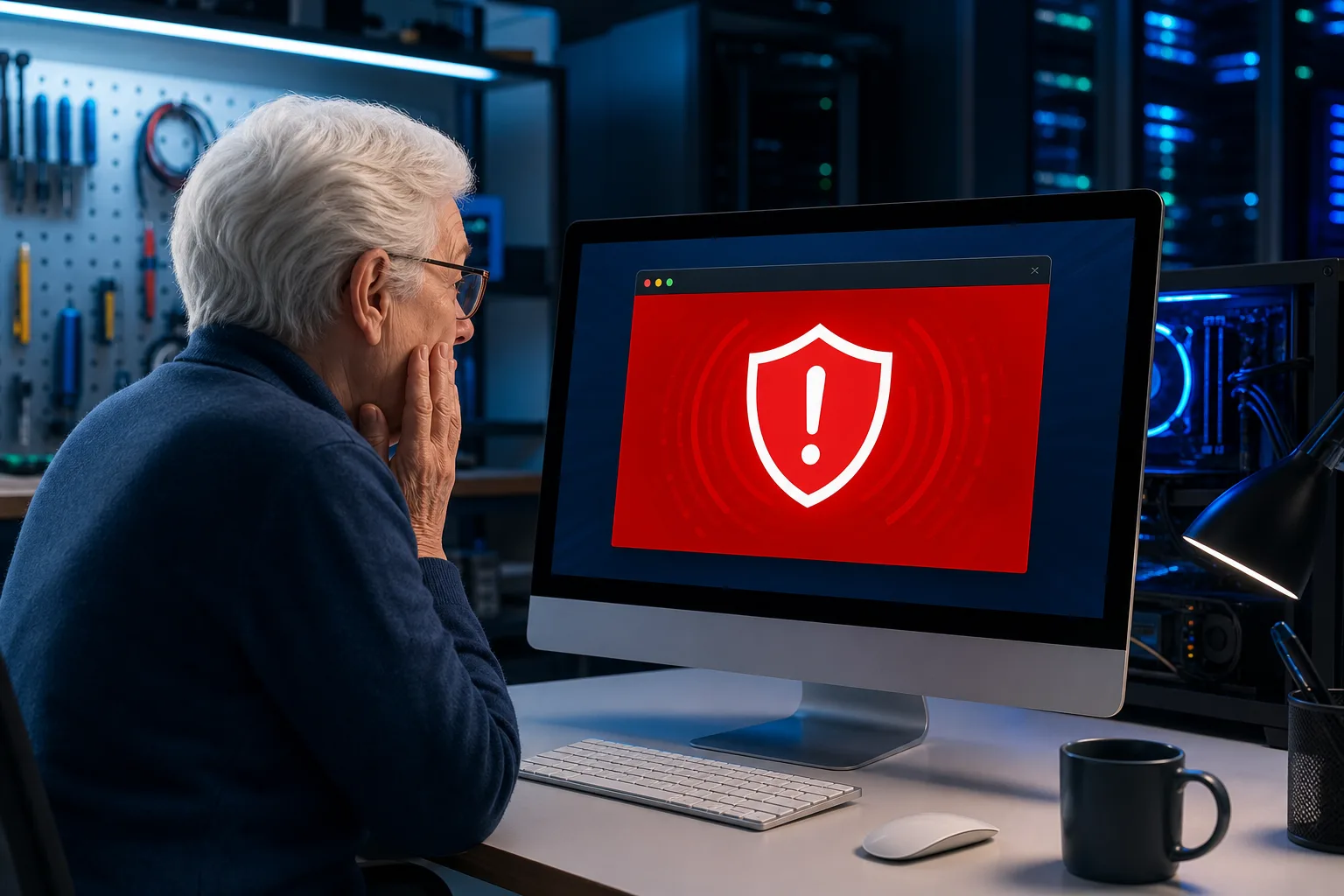 Elderly person with hand to mouth looks alarmed at a red security warning pop-up on a desktop monitor.