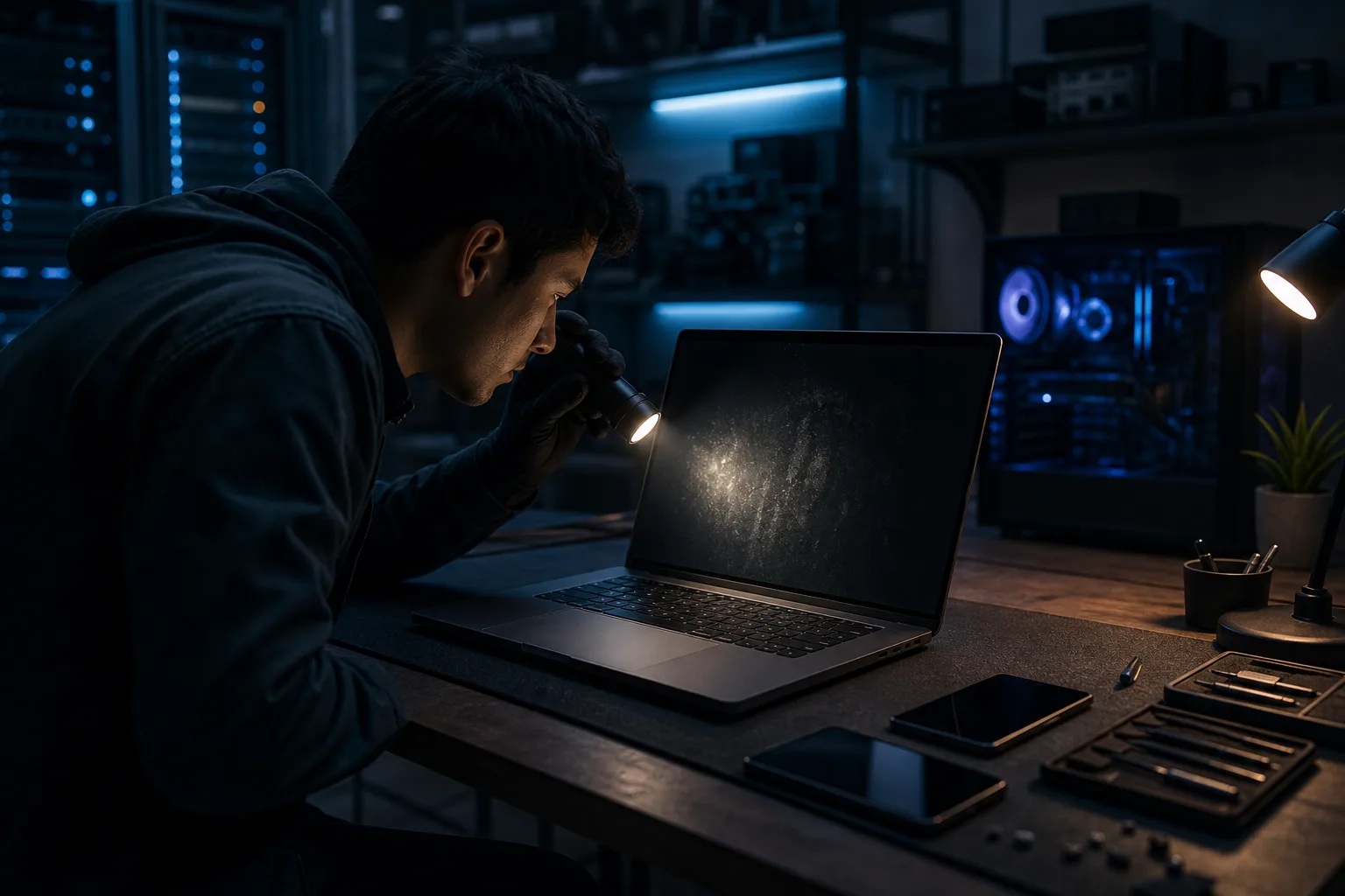 Man in dark hoodie shines flashlight at dark laptop screen in dim tech workspace with PC tower and repair tools nearby.