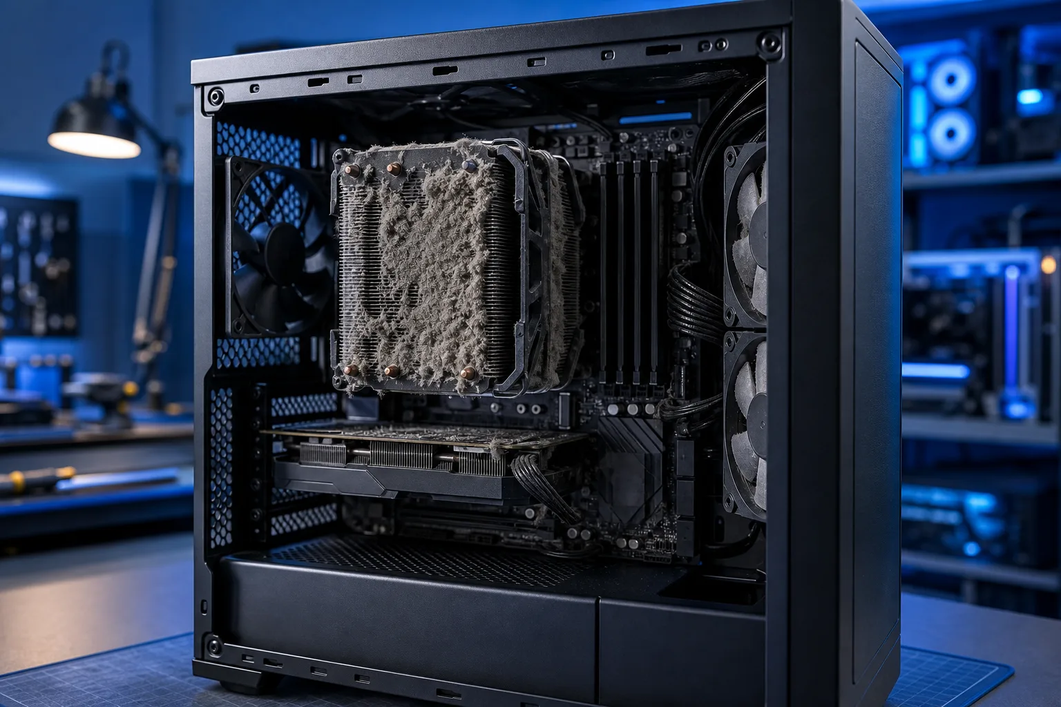 Open PC case showing a CPU air cooler heatsink heavily clogged with thick grey dust, GPU and fans also dusty, in a blue-lit workshop.