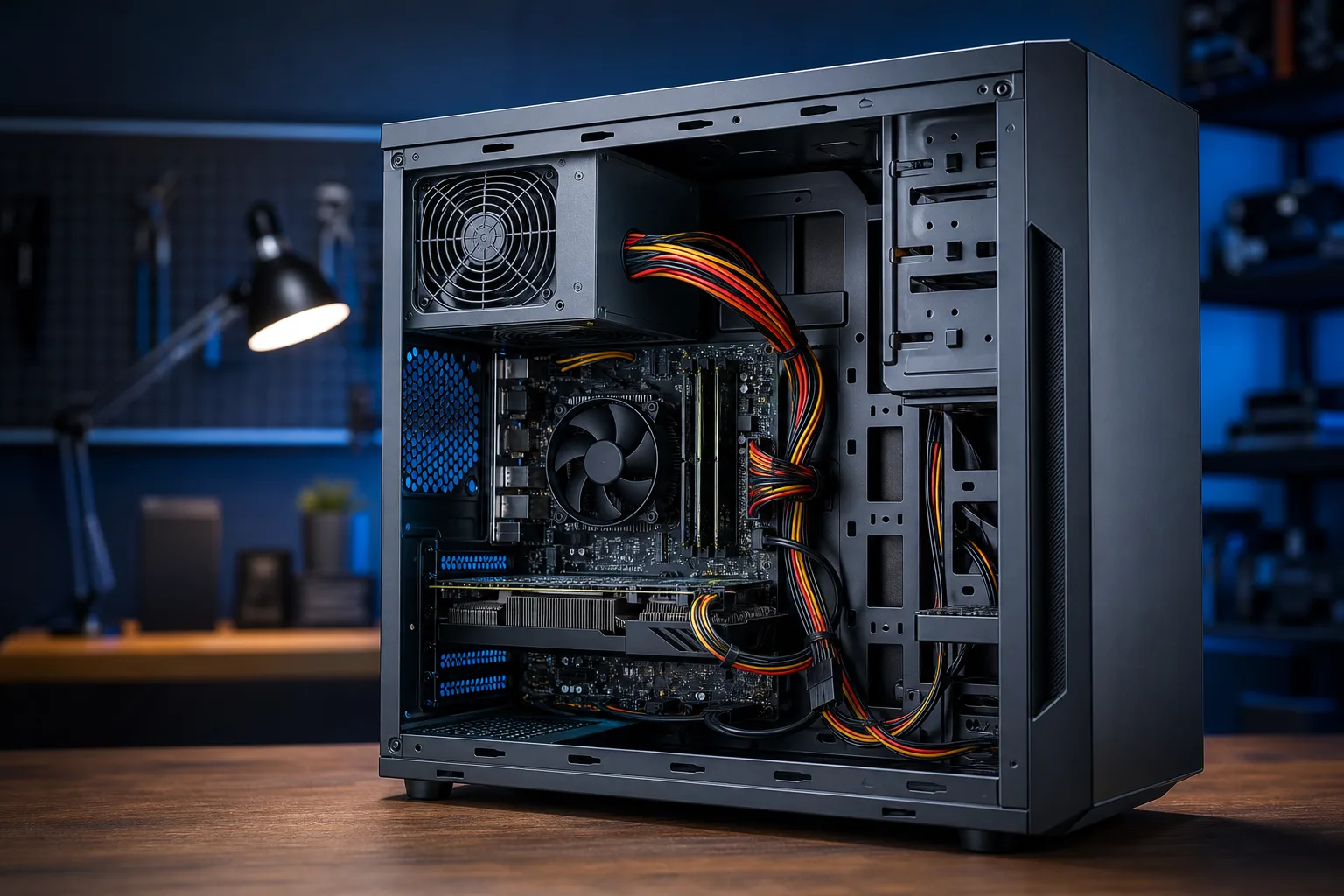 Open mid-tower PC case on a desk showing motherboard, CPU cooler, RAM, GPU, PSU fan, and bundled red/yellow/black cables.