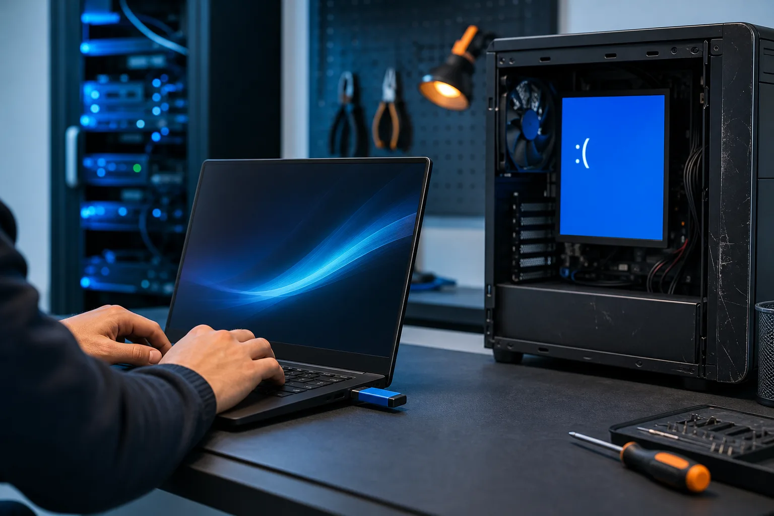 Person typing on laptop with blue USB drive inserted; open desktop PC tower beside it shows Windows BSOD on internal display