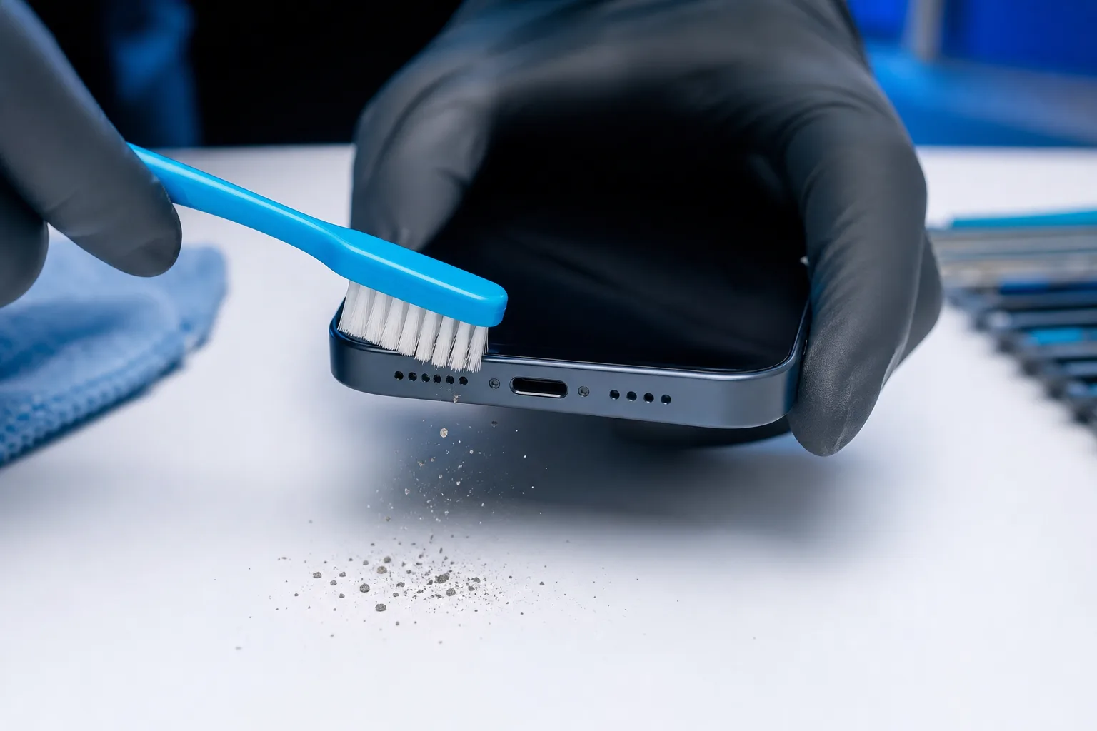 Manos con guantes limpian la rejilla del altavoz del borde inferior de un iPhone oscuro con un cepillo azul de cerdas suaves; los residuos caen sobre una superficie blanca.