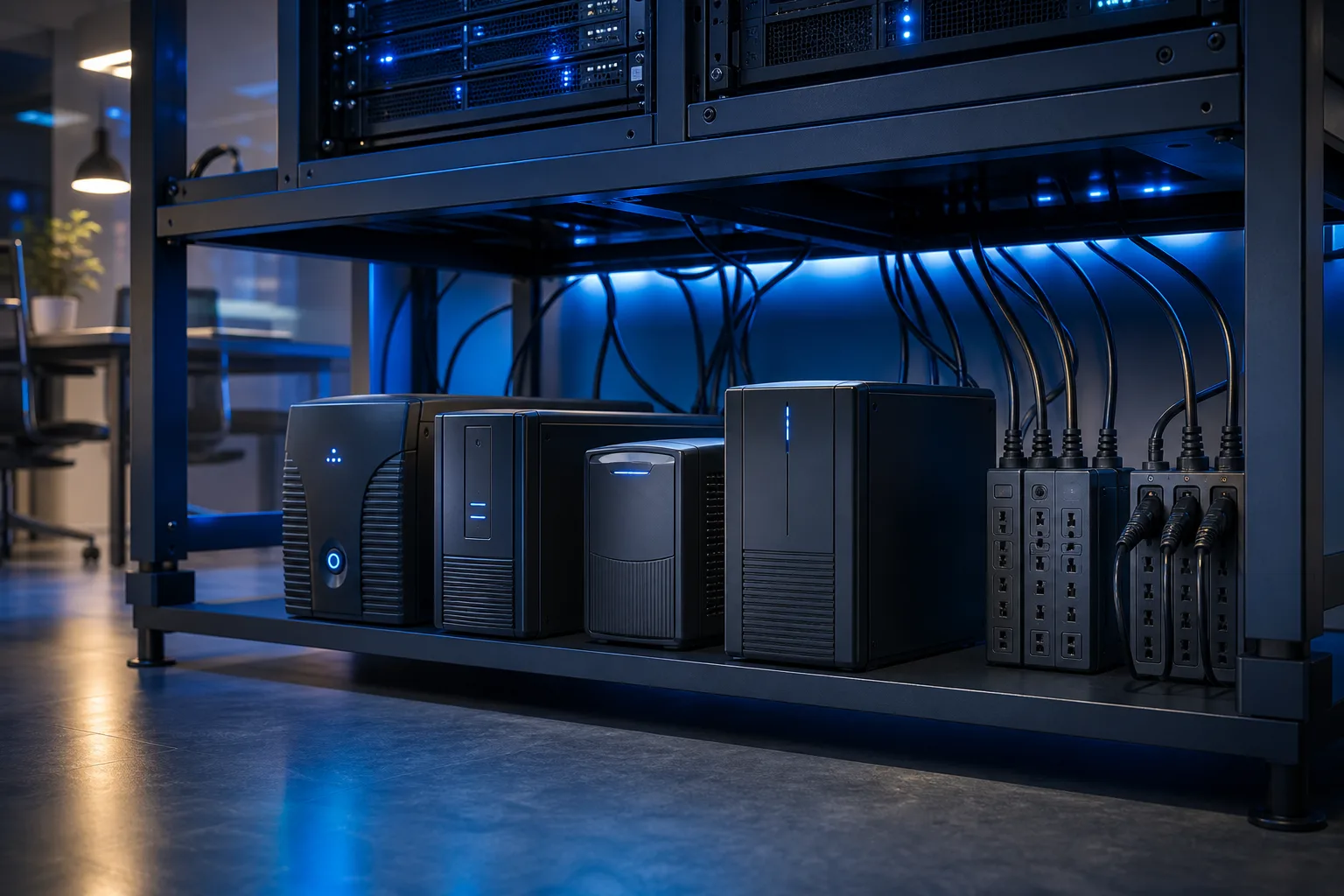 Three UPS battery backup units and two surge protector strips on a shelf beneath a blue-lit server rack in a dark office.