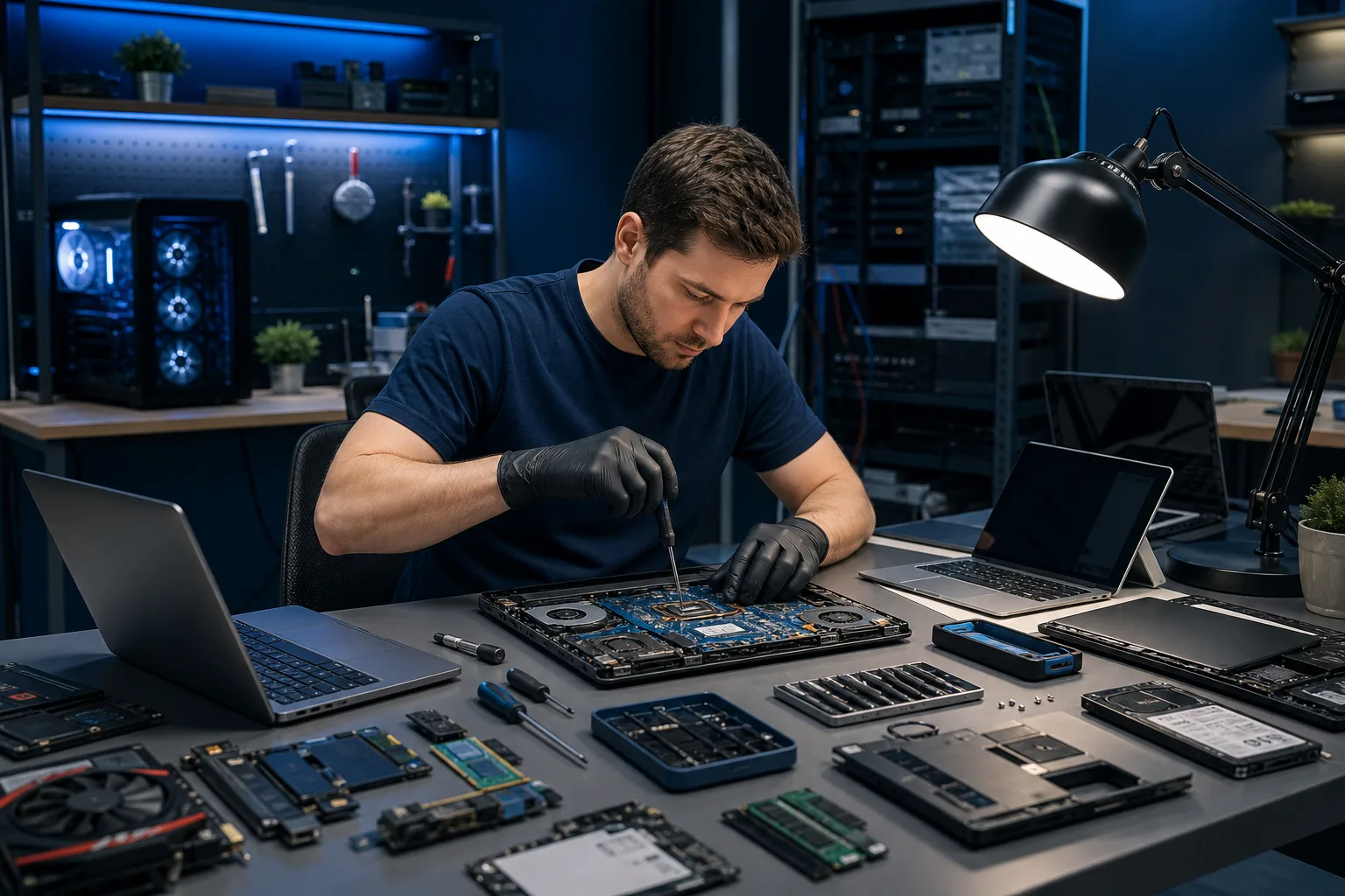 Technician in black gloves repairs open laptop motherboard at cluttered workshop bench with components, tools, and a desk lamp.