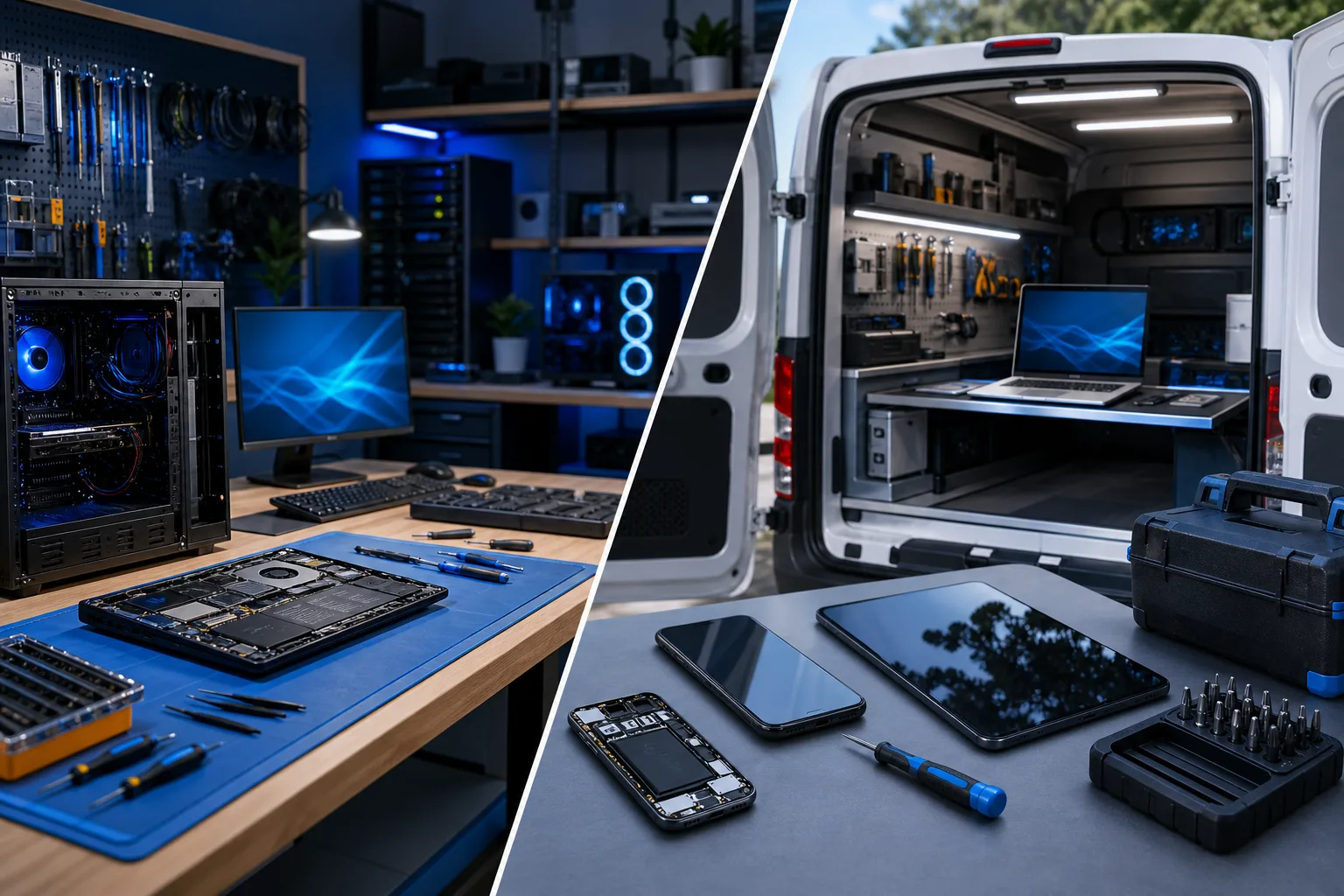 Split image: left shows a professional PC repair workshop; right shows a mobile repair van with tools and devices.