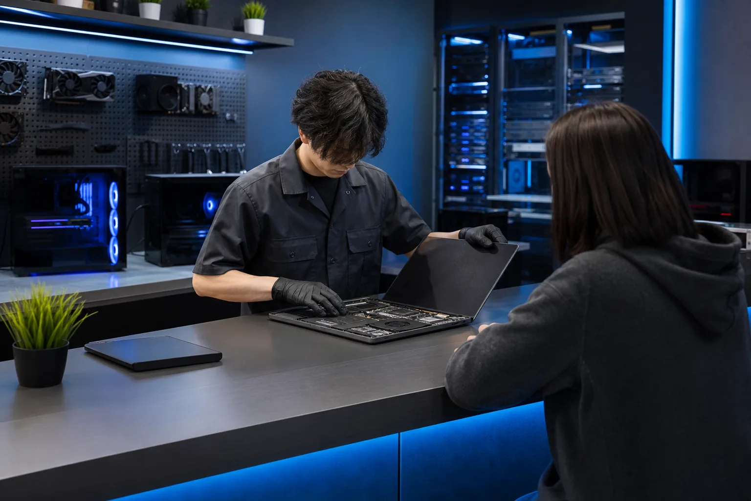 Technician in black gloves examines open disassembled laptop at repair shop counter while customer watches from opposite side.