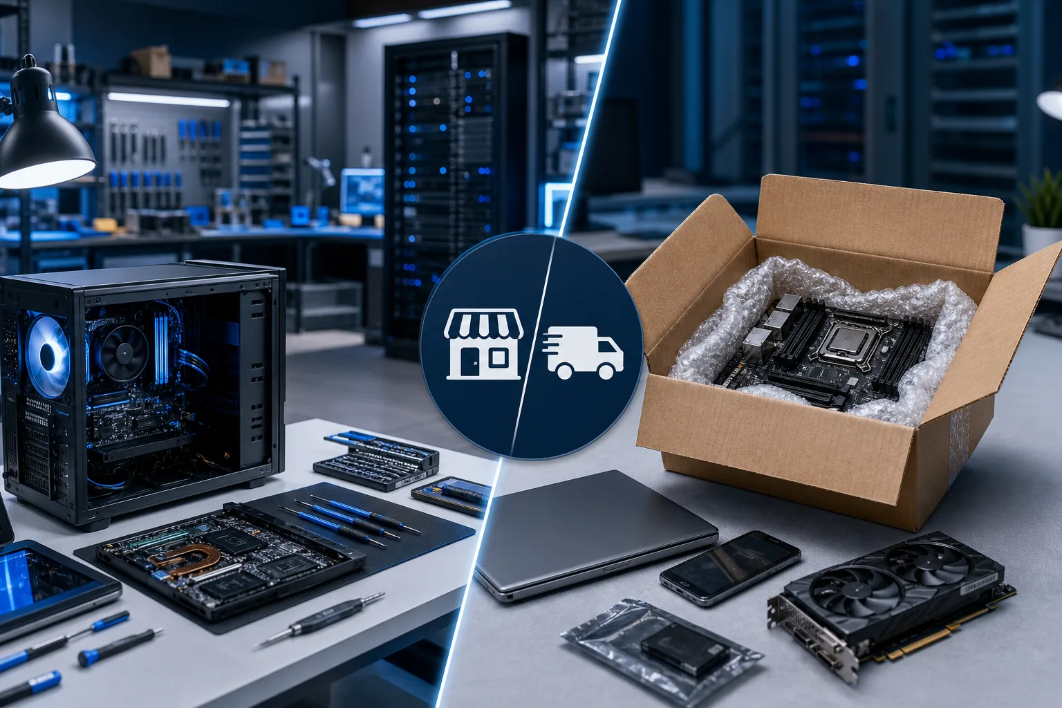 Split image: left shows PC repair workbench with tools and open tower; right shows motherboard shipped in cardboard box with bubble wrap.