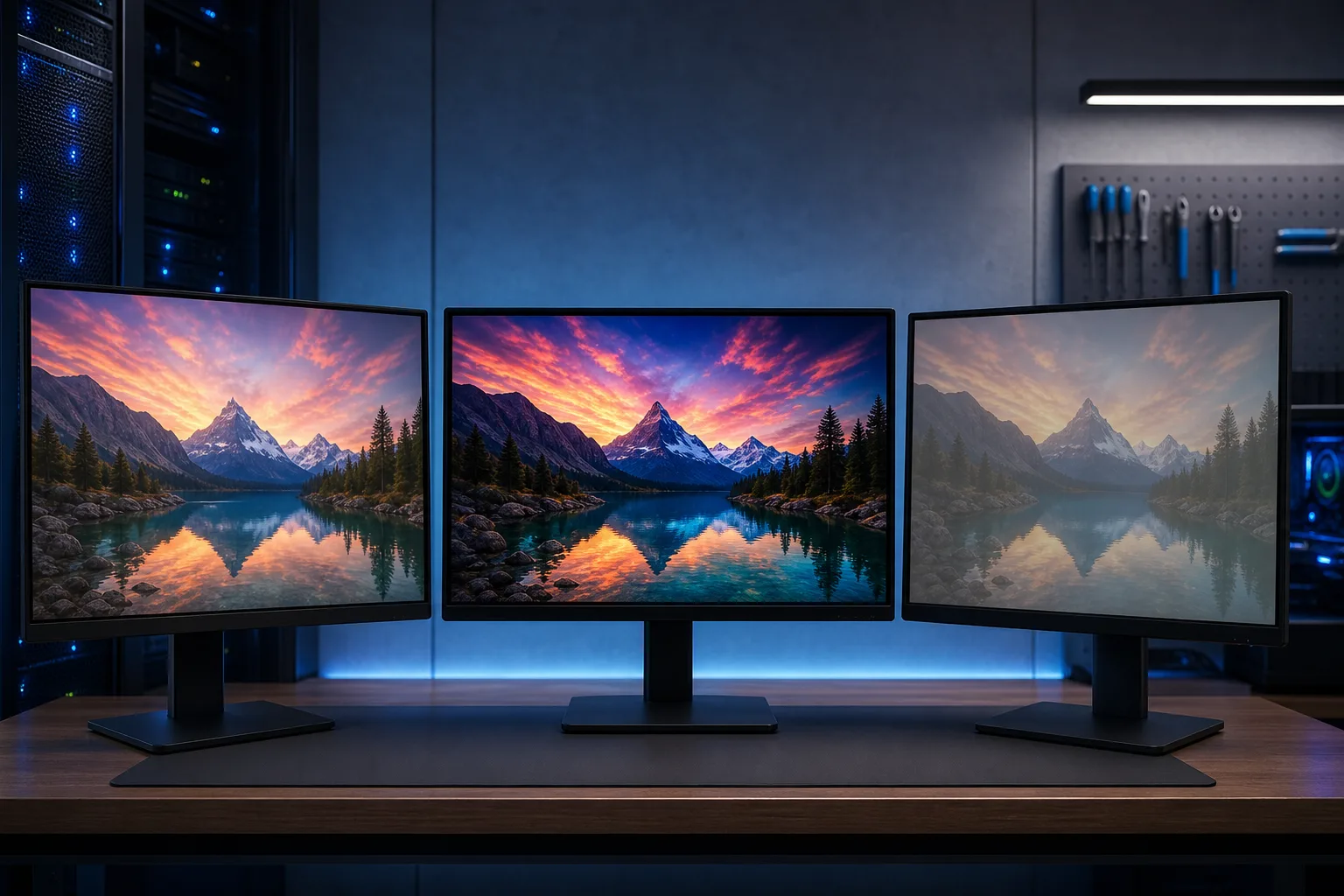 Three monitors on a desk showing the same mountain lake sunset wallpaper with visible color/brightness differences between screens