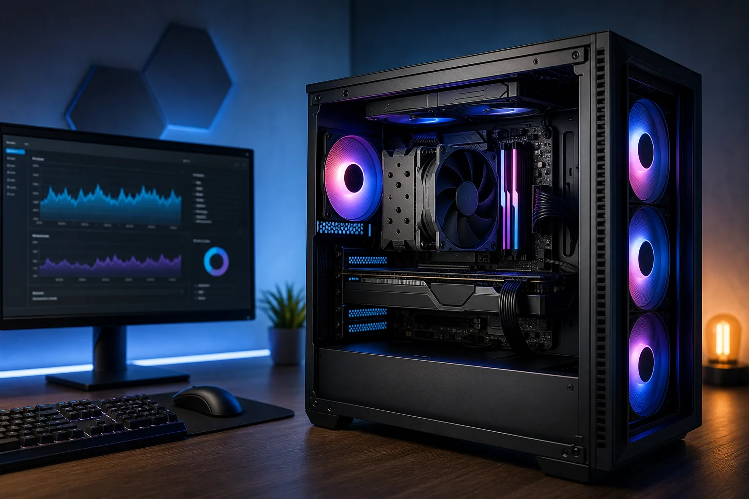 Open-side RGB gaming PC tower with aftermarket CPU cooler and glowing fans, beside a monitor showing performance graphs.
