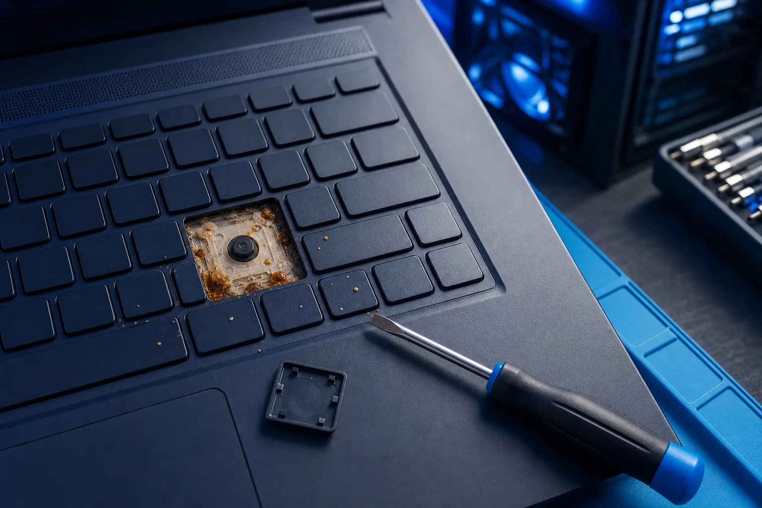 Teclado de laptop con una tecla retirada que muestra residuos de líquido marrón y pegajoso sobre la membrana, con la tecla retirada y un destornillador cerca