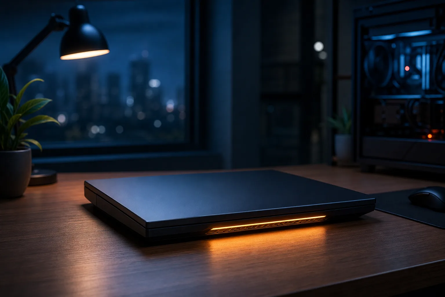 Laptop negra cerrada sobre un escritorio de madera durante la noche, con una franja de ventilación naranja iluminada, luces de la ciudad y una lámpara de escritorio al fondo.