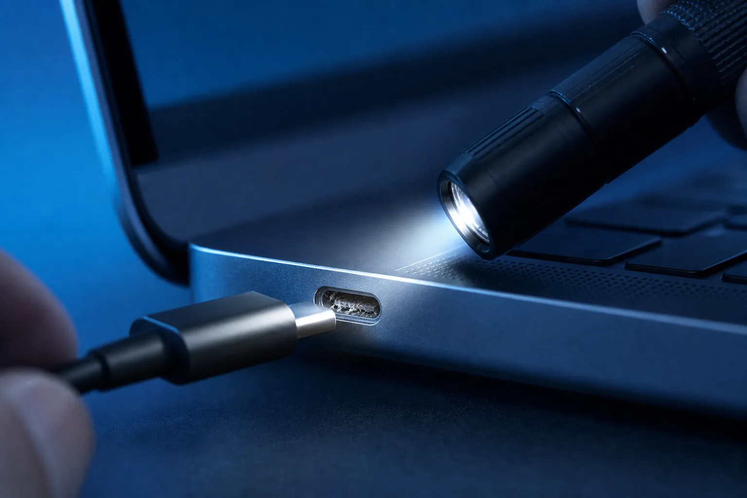 Primer plano del puerto USB-C de una laptop con un cable a punto de conectarse, iluminado por una pequeña linterna en una luz azul tenue.