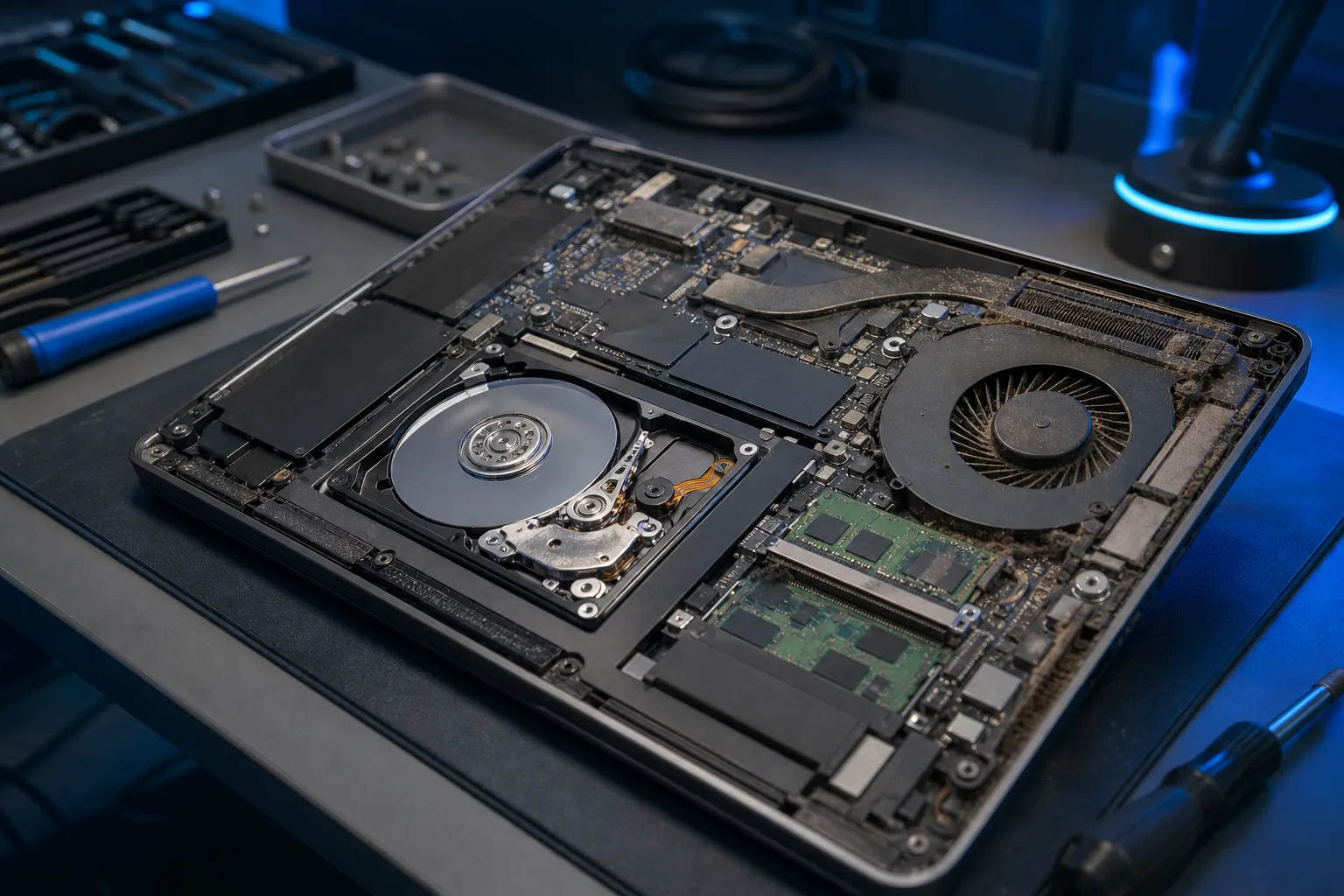 Open laptop bottom panel on a workbench revealing a spinning HDD, dusty cooling fan, motherboard, and RAM modules.