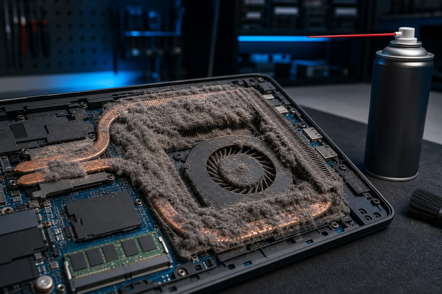 Parte inferior de una laptop abierta que muestra un disipador de cobre y un ventilador muy obstruidos por polvo, con una lata de aire comprimido y un cepillo cerca