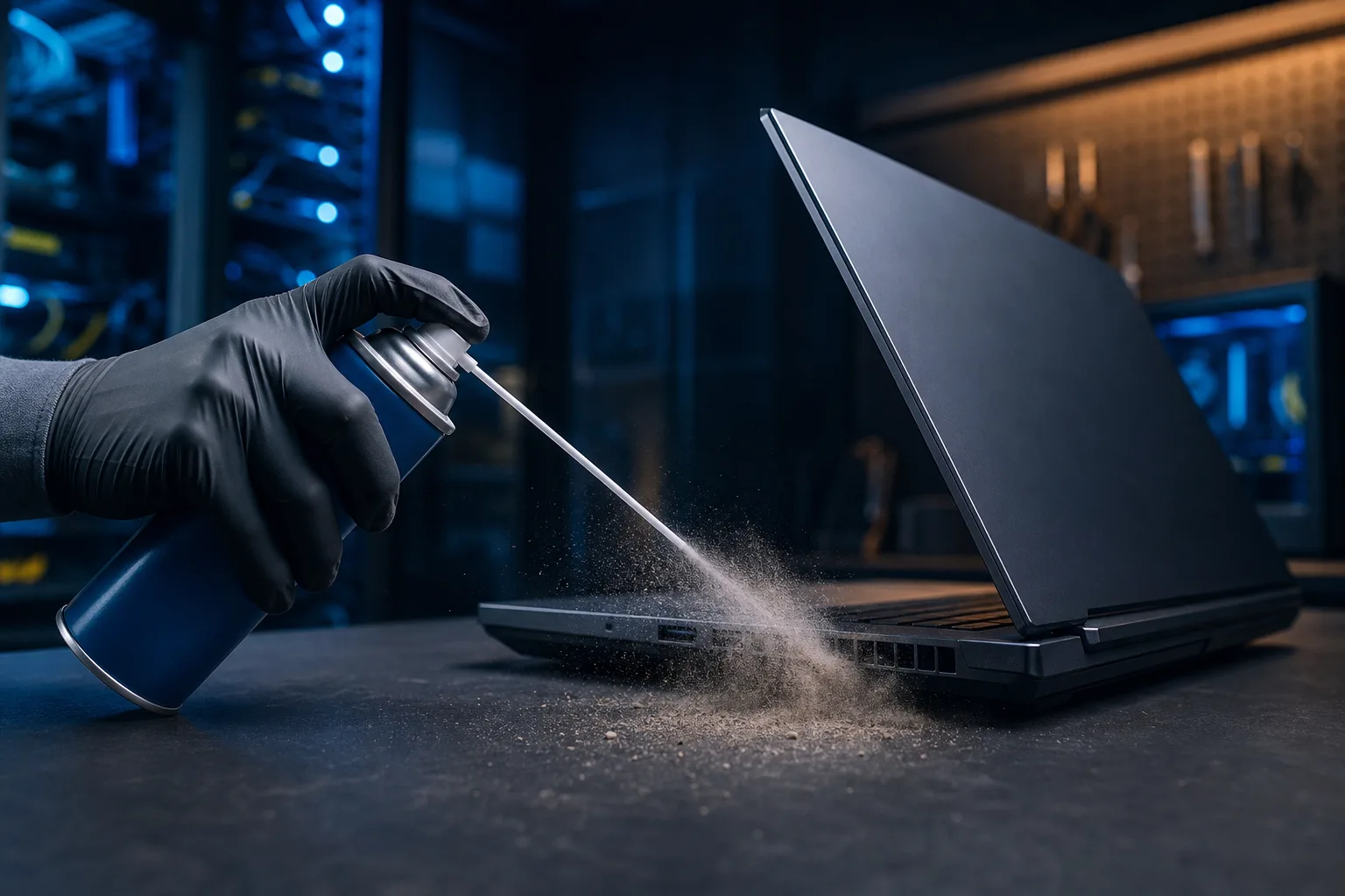 Gloved hand using compressed air can to blow dust from laptop side vents, dust particles visibly expelled onto dark surface.