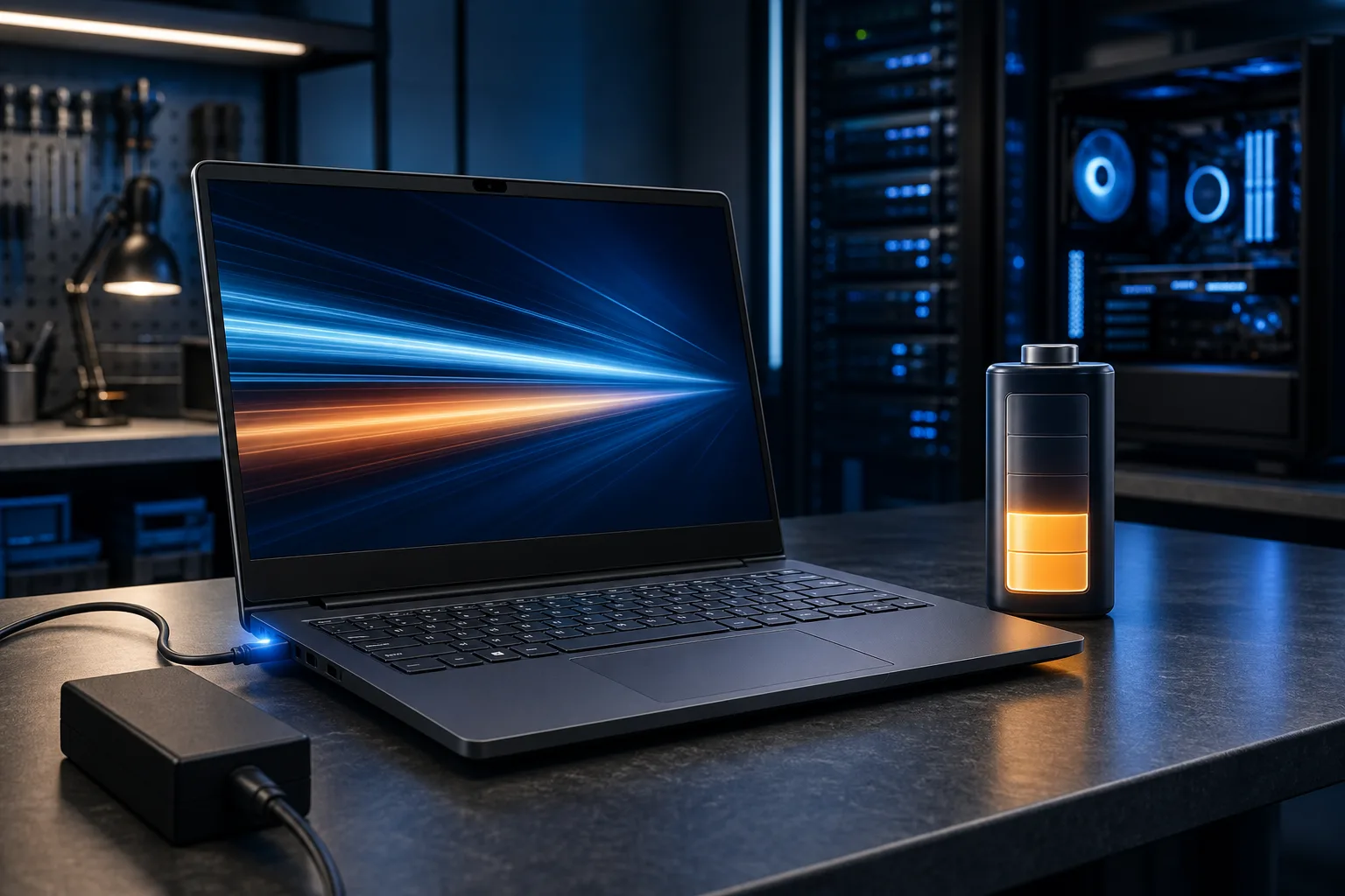 Laptop with speed-streak wallpaper plugged into charger on dark desk, beside a glowing low-battery icon, tech lab background Laptop with speed-streak wallpaper plugged into charger on dark desk, beside a glowing low-battery icon, tech lab background