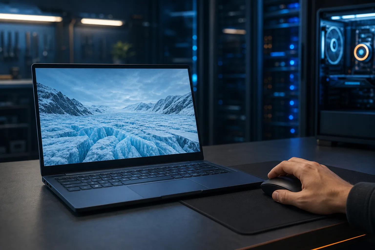Mano sosteniendo un mouse inalámbrico junto a una laptop oscura que muestra un fondo de pantalla de un glaciar, en una sala de servidores iluminada con luz azul