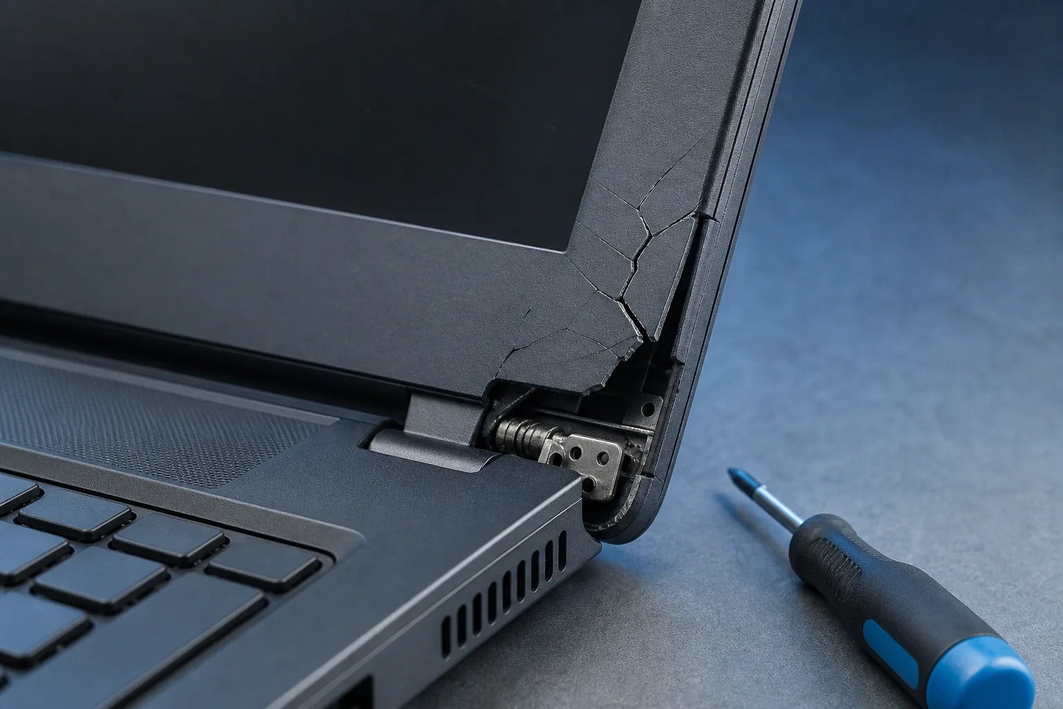 Close-up of a cracked laptop hinge area showing broken plastic bezel and exposed metal hinge bracket, with a screwdriver nearby.