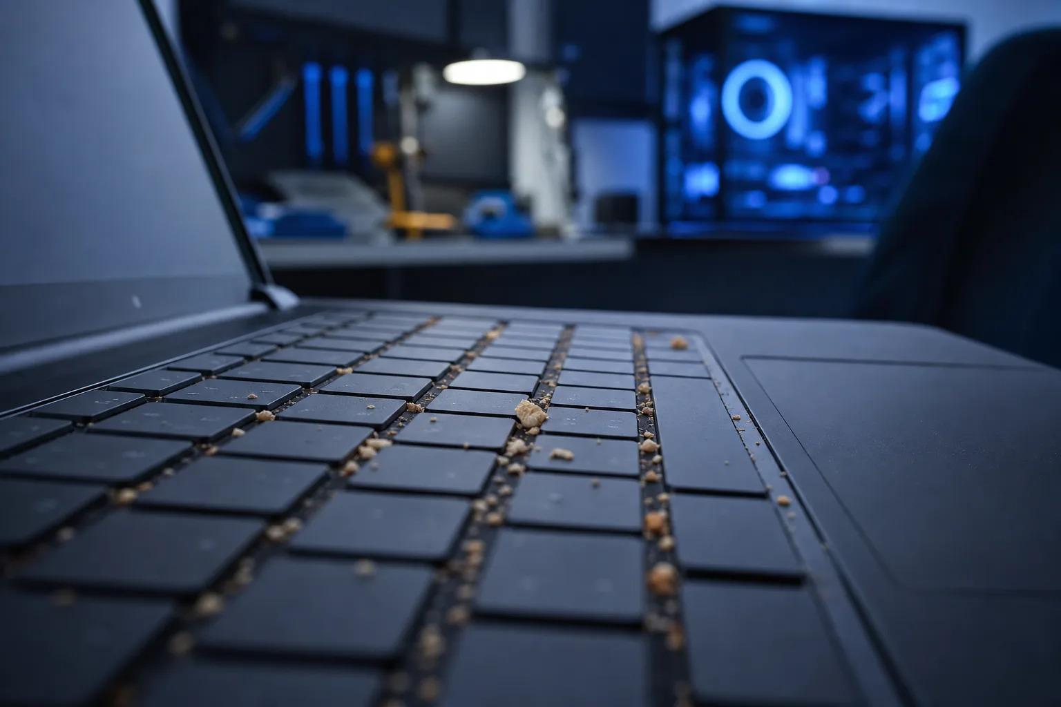 Close-up low-angle shot of a dark laptop keyboard covered in food crumbs, with a glowing PC tower blurred in background.