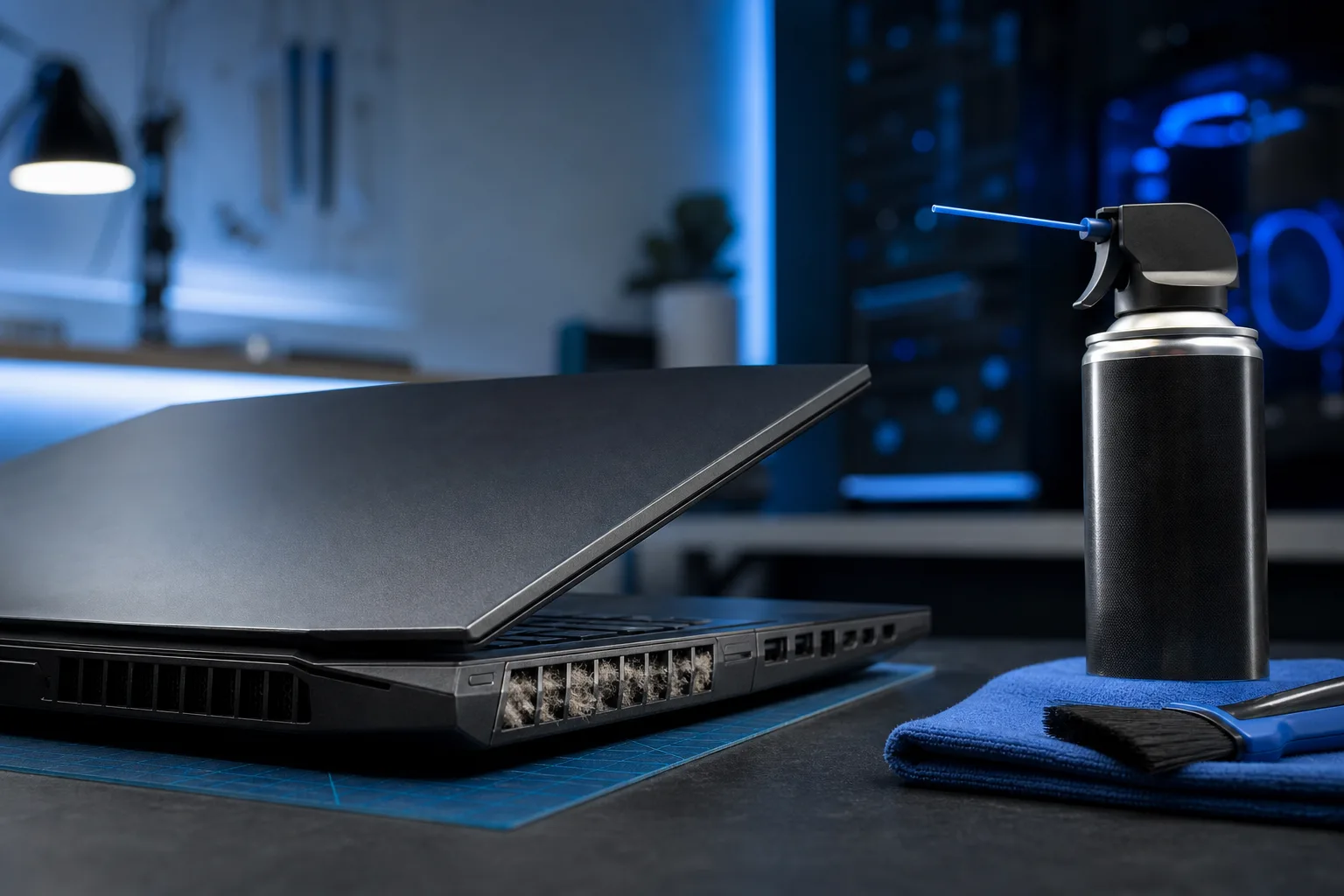 Dusty gaming laptop propped open on a desk beside a can of compressed air, microfiber cloth, and small brush.
