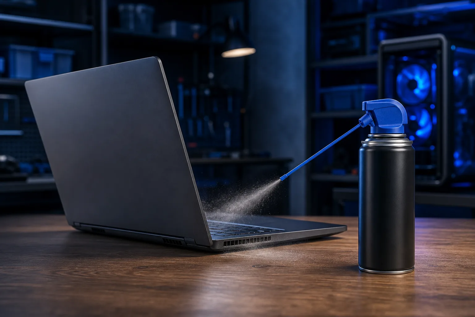 A black laptop open on a wooden desk beside a compressed air can, with a visible dust spray blown toward the keyboard vents.