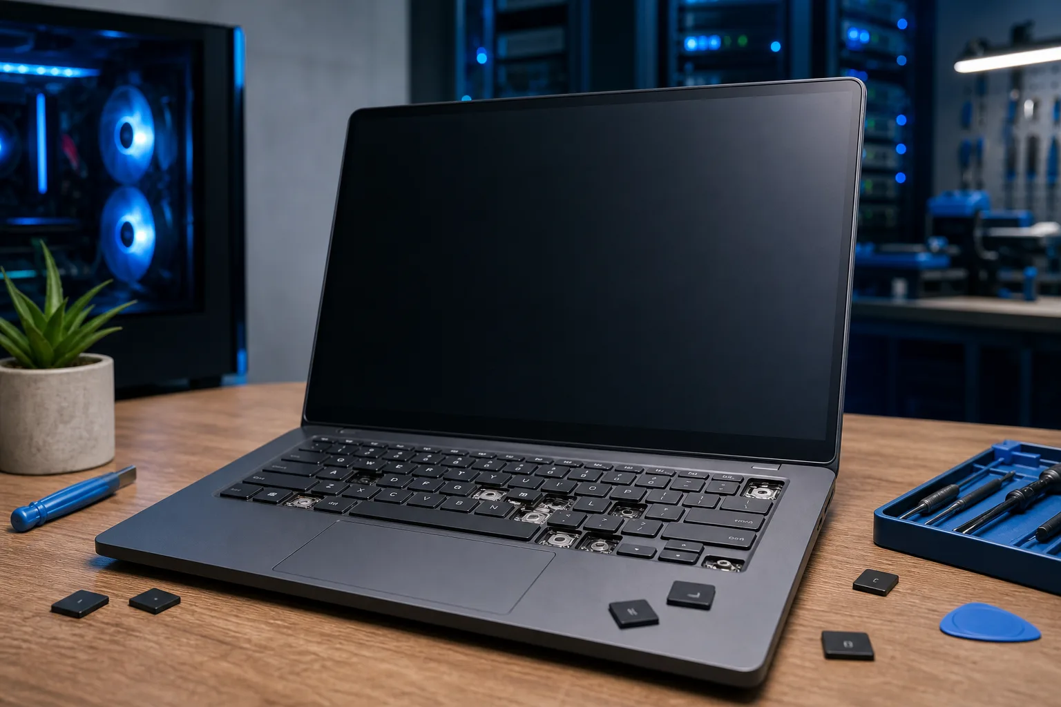 Laptop with missing and loose keycaps on wooden desk, screwdrivers and pry tool nearby, blue-lit PC tower in background
