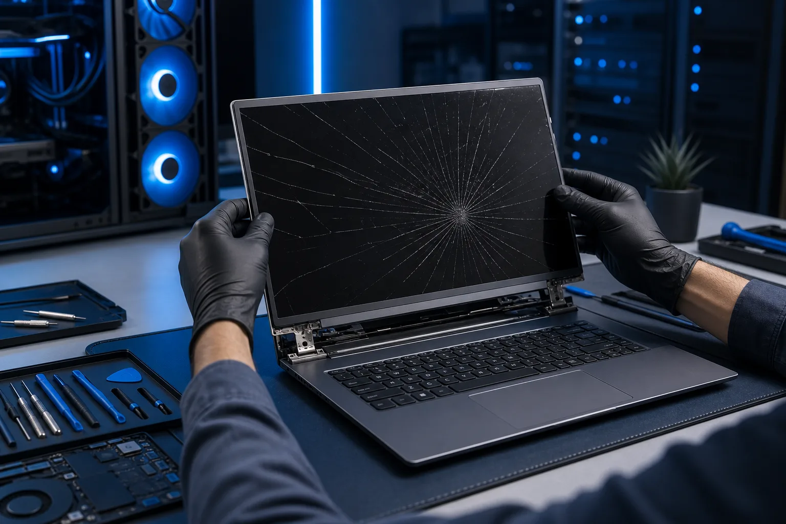 Gloved technician removes cracked laptop screen on workbench with screwdrivers, pry tools, and circuit boards nearby.