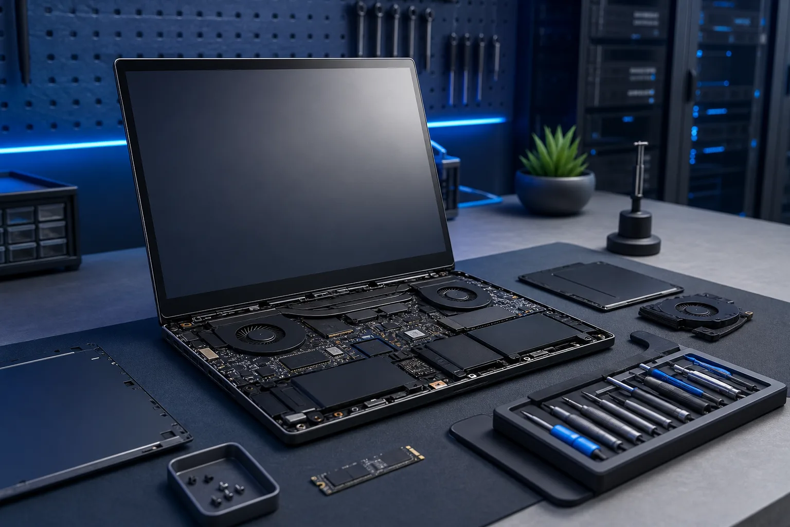 Disassembled laptop with exposed motherboard and dual fans on a repair workbench, flanked by precision screwdrivers and spare parts.