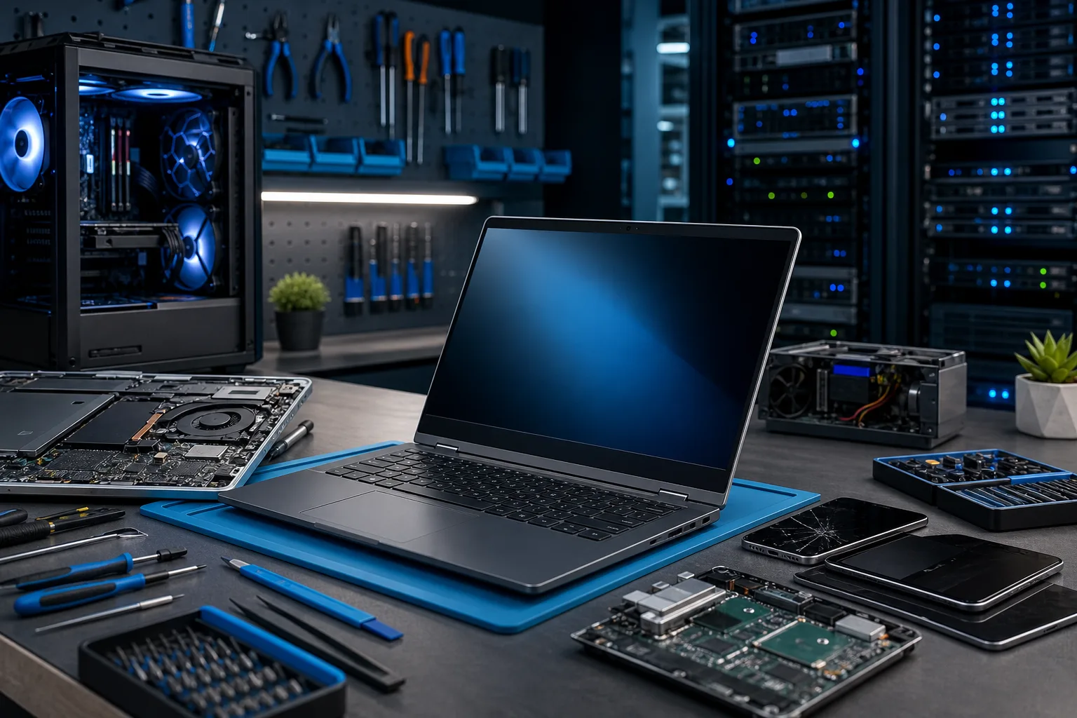 Tech workbench with open laptop, disassembled components, screwdrivers, circuit boards, and a glowing PC tower in background.