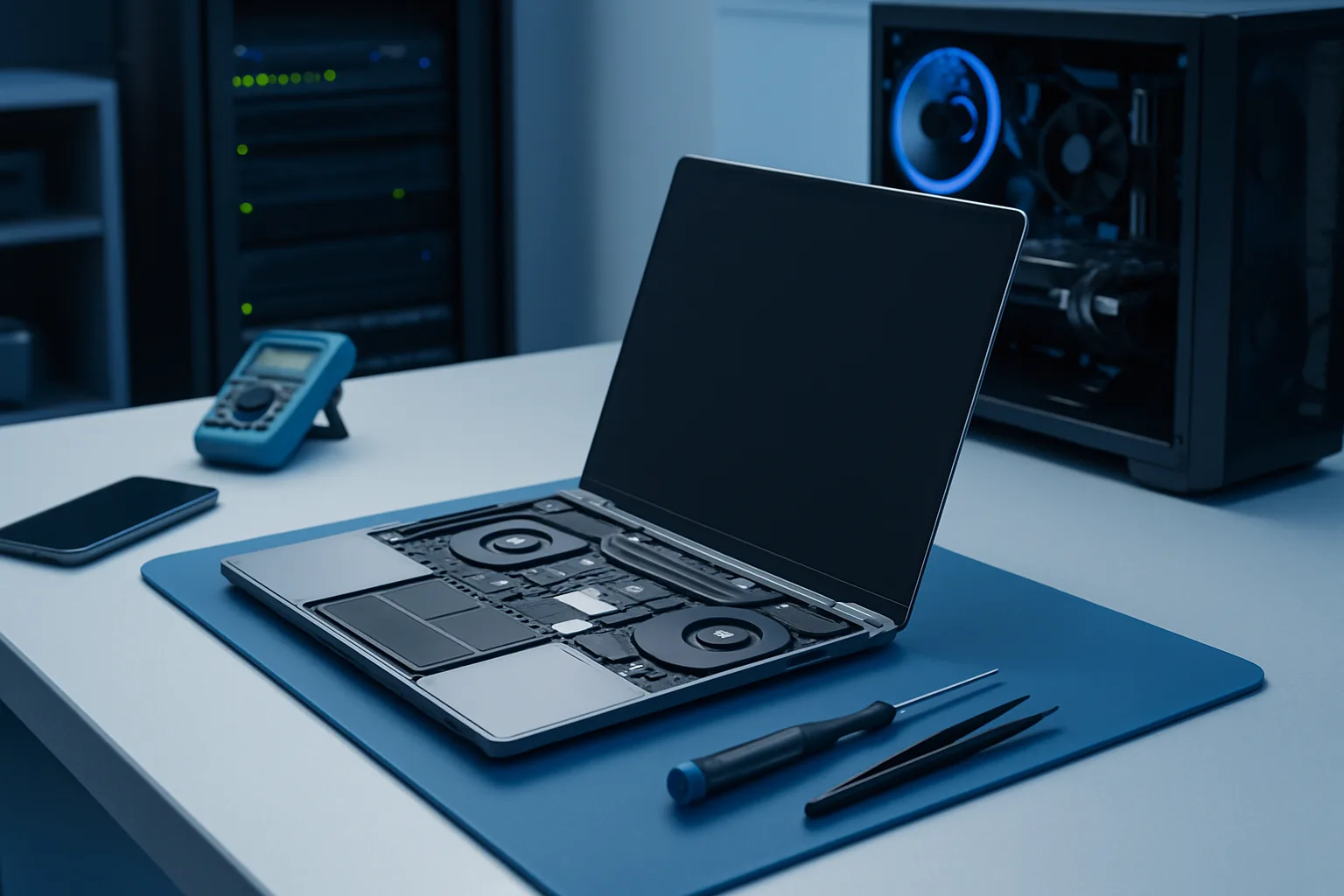Open laptop with exposed internals on a blue mat beside screwdrivers, with a PC tower and multimeter in background.
