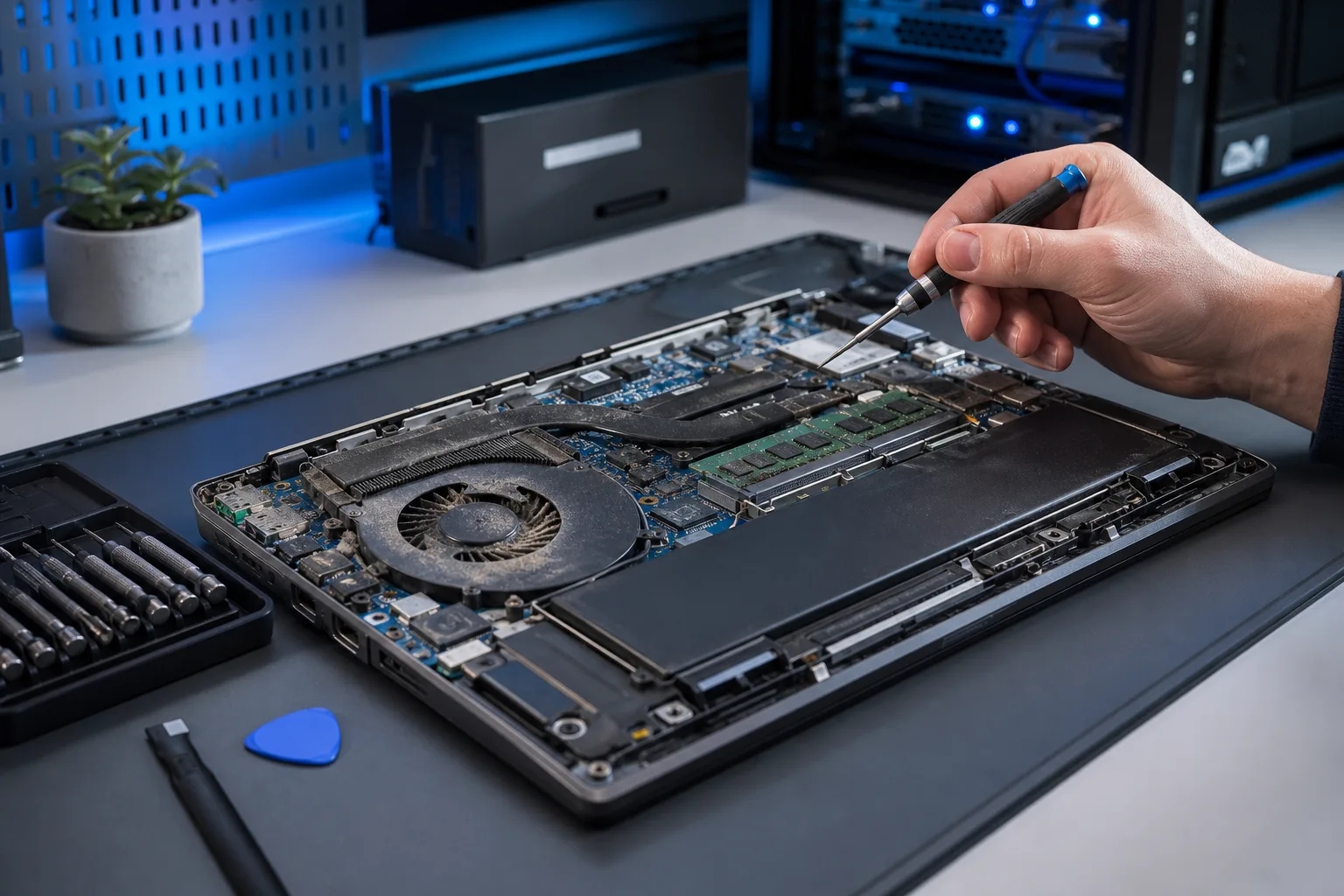 Mano usando un destornillador sobre una laptop abierta que muestra un ventilador de enfriamiento lleno de polvo, el disipador térmico, la RAM y la tarjeta madre sobre una mesa de trabajo oscura.
