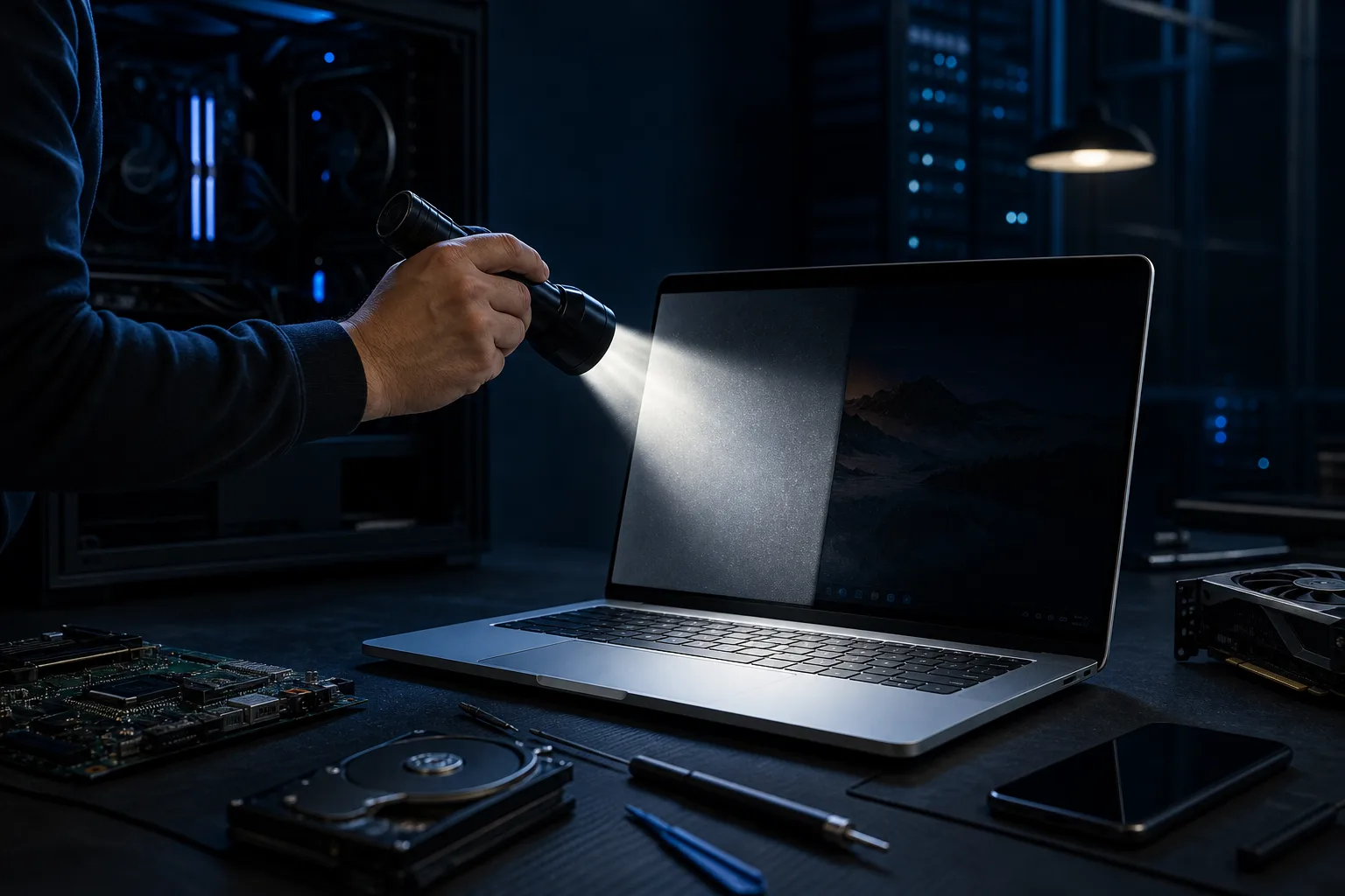 Hand holding flashlight aimed at dark laptop screen in dim server room, hardware components scattered on desk