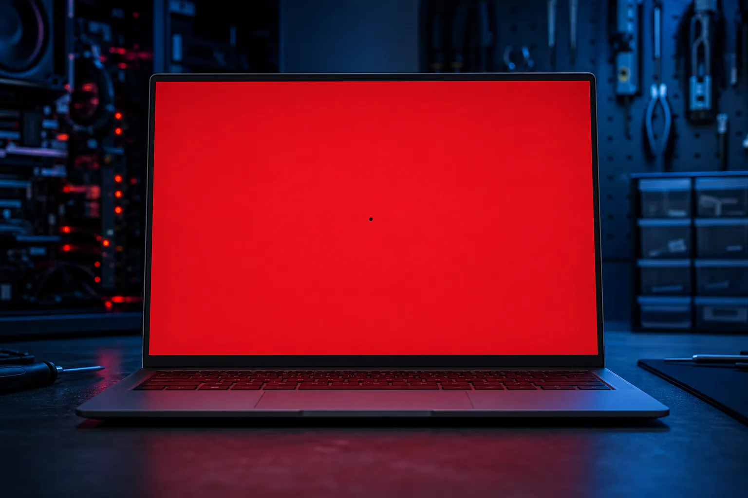 Laptop with solid red full-screen display showing one small black dead pixel near center, set in a dark tech workshop.